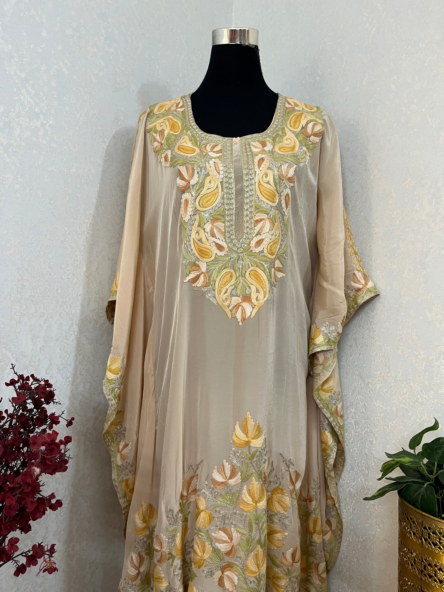 Beige Pure Crape Kashmiri Kaftan