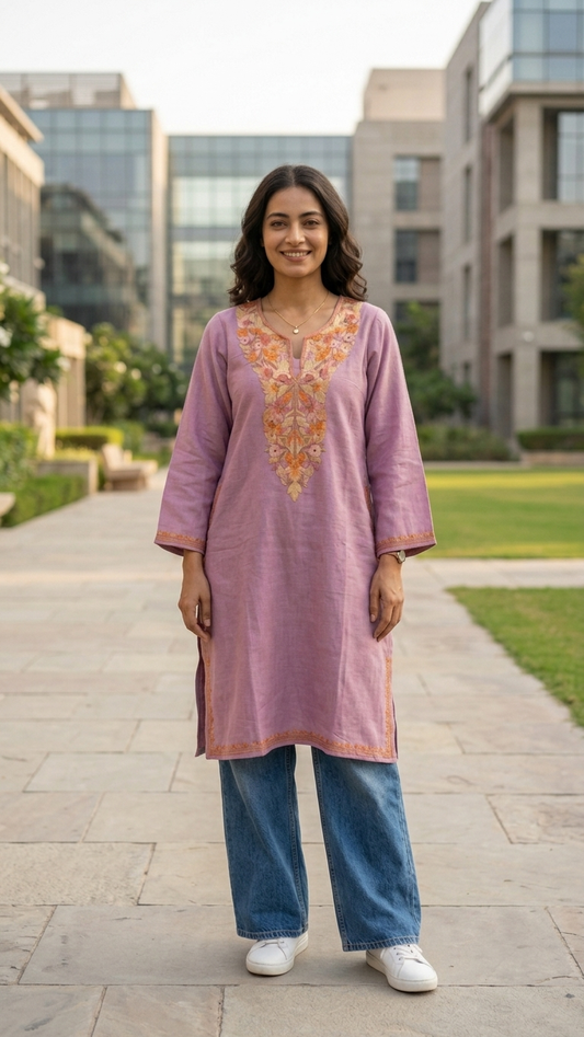 Soft Pink Aari Embroidered Wool Pheran