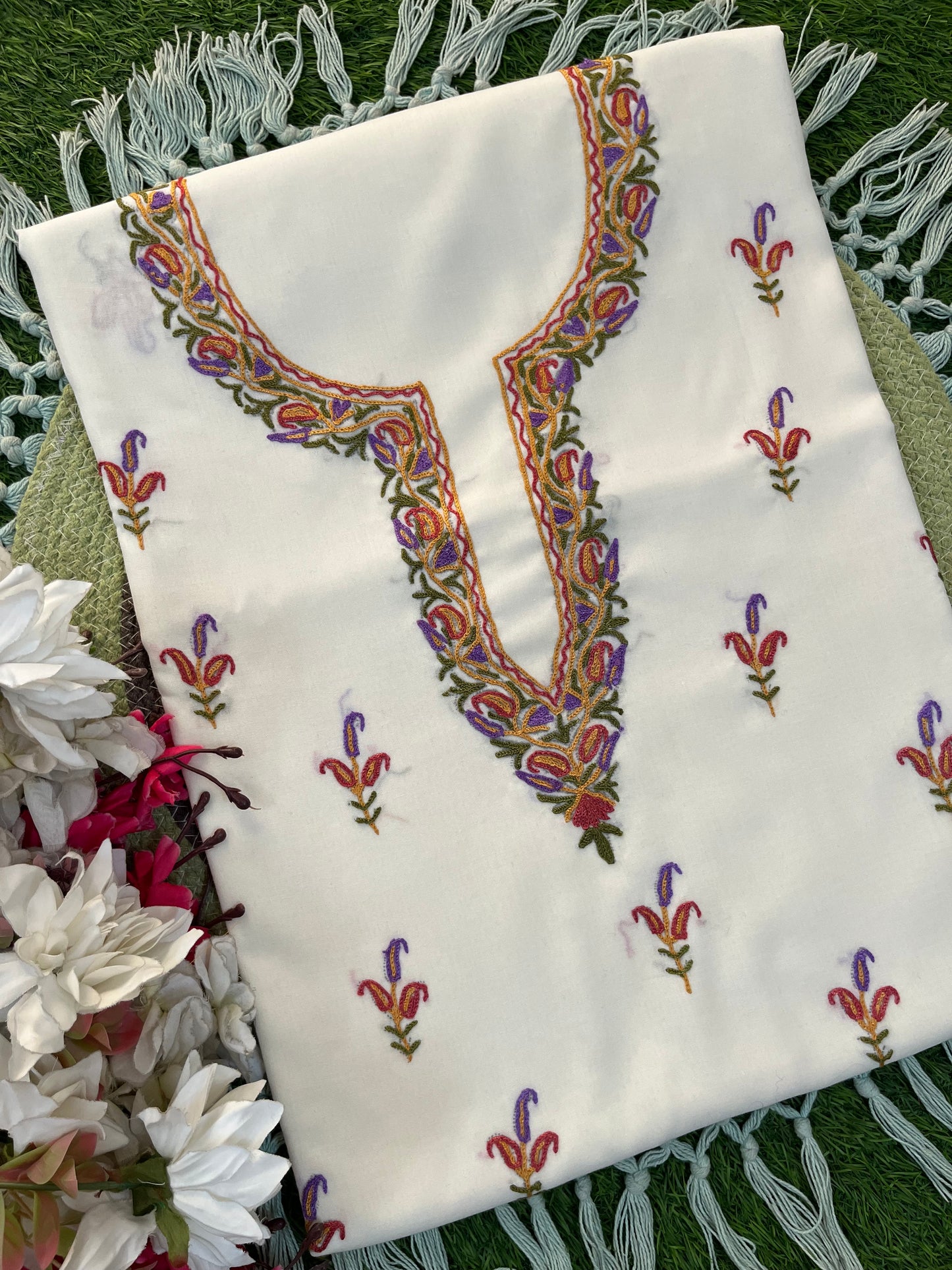 Off White Cotton Two Piece Suit (Hand Embroidered)