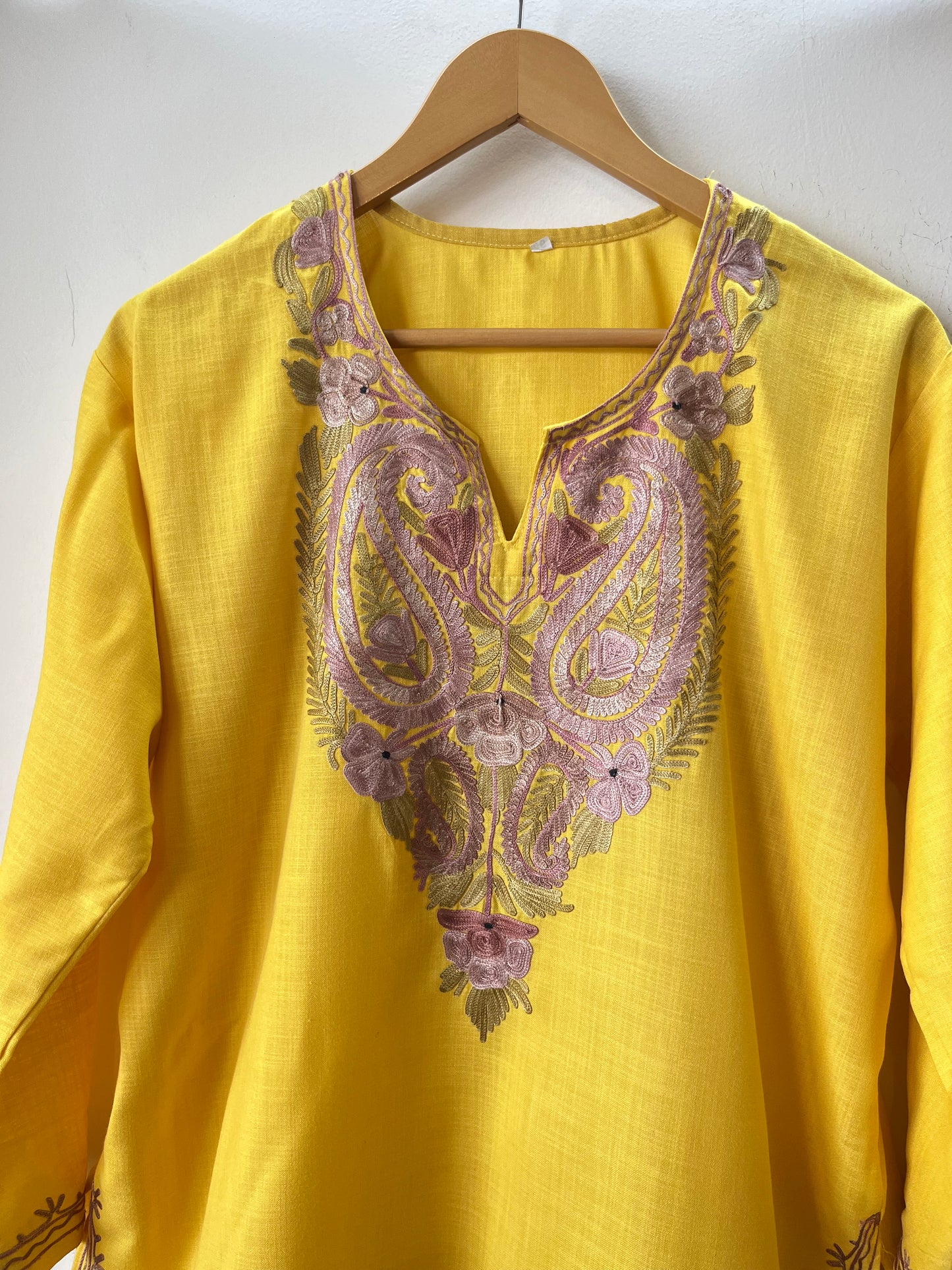 Yellow Cotton Aari Work Kurti