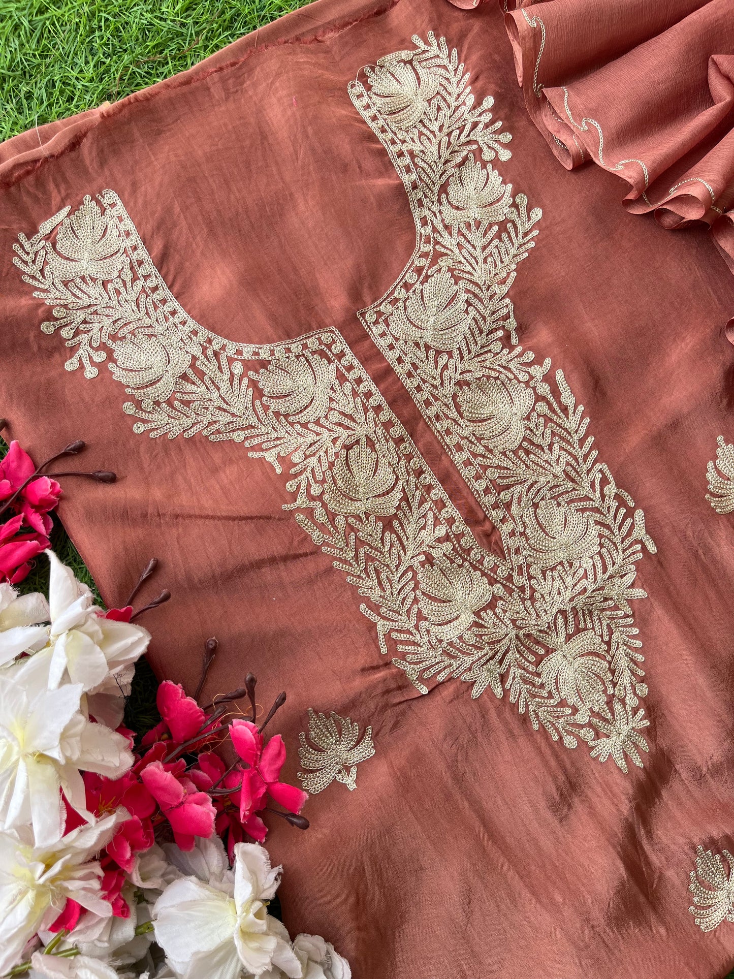 Dull Peach Silk Tilla Kashmiri Suit