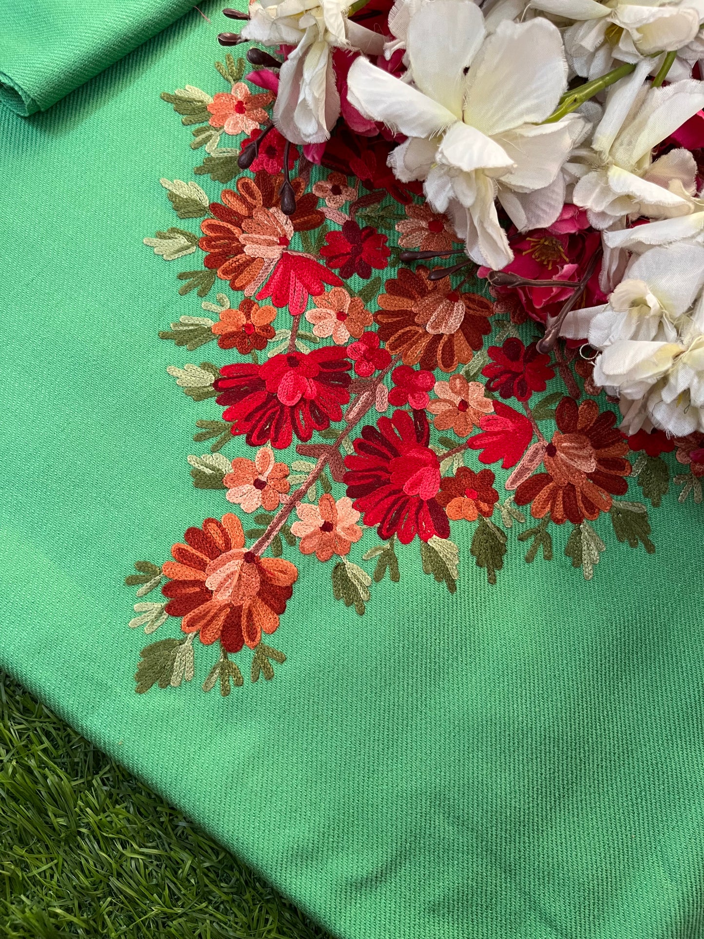 Soft Green Woollen Aari Embroidered 2pc suit 5mtr