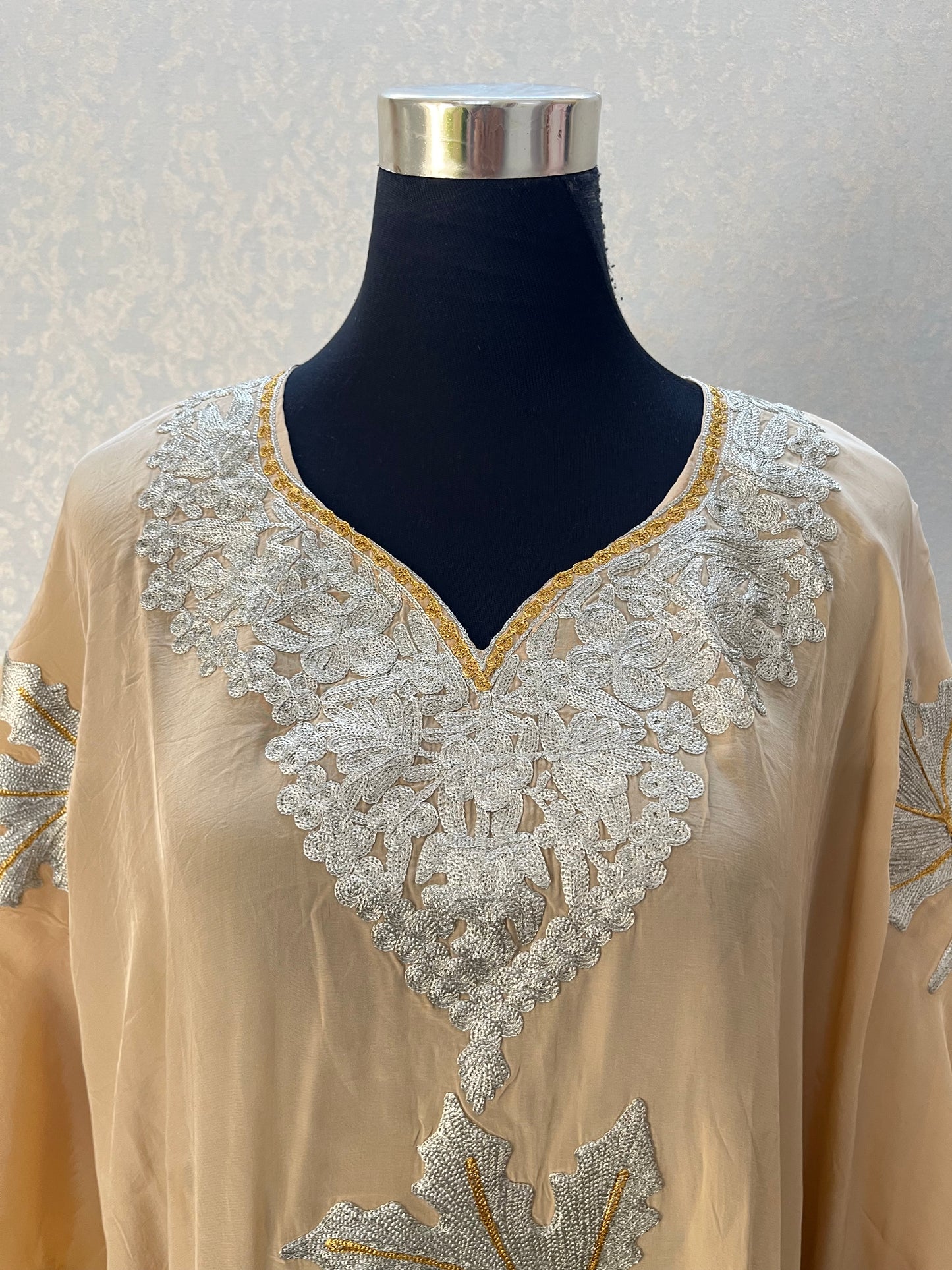 Beige Crape Kashmiri Kaftan Set