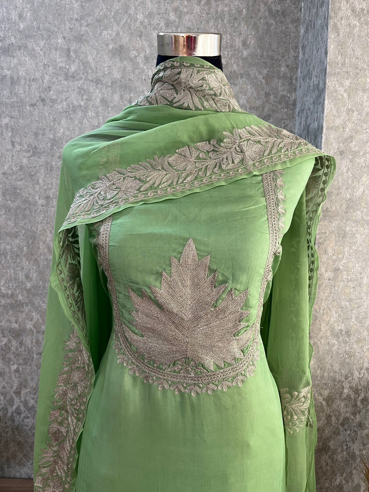 Soft Green Sanam’ Tilla Kashmiri Silk Suit
