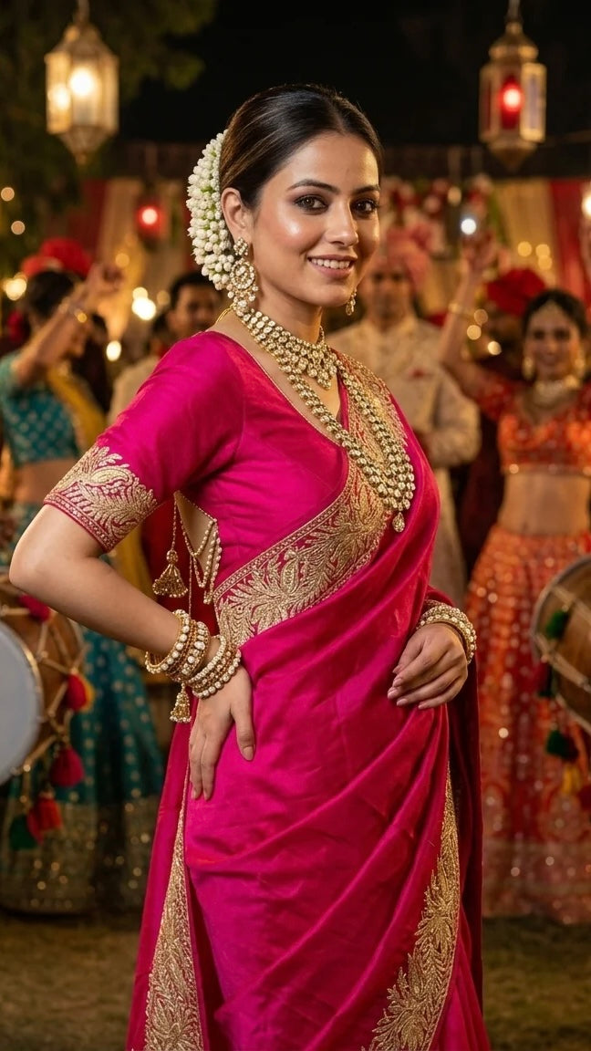 Hot Pink Crape Kashmiri Tilla Saree