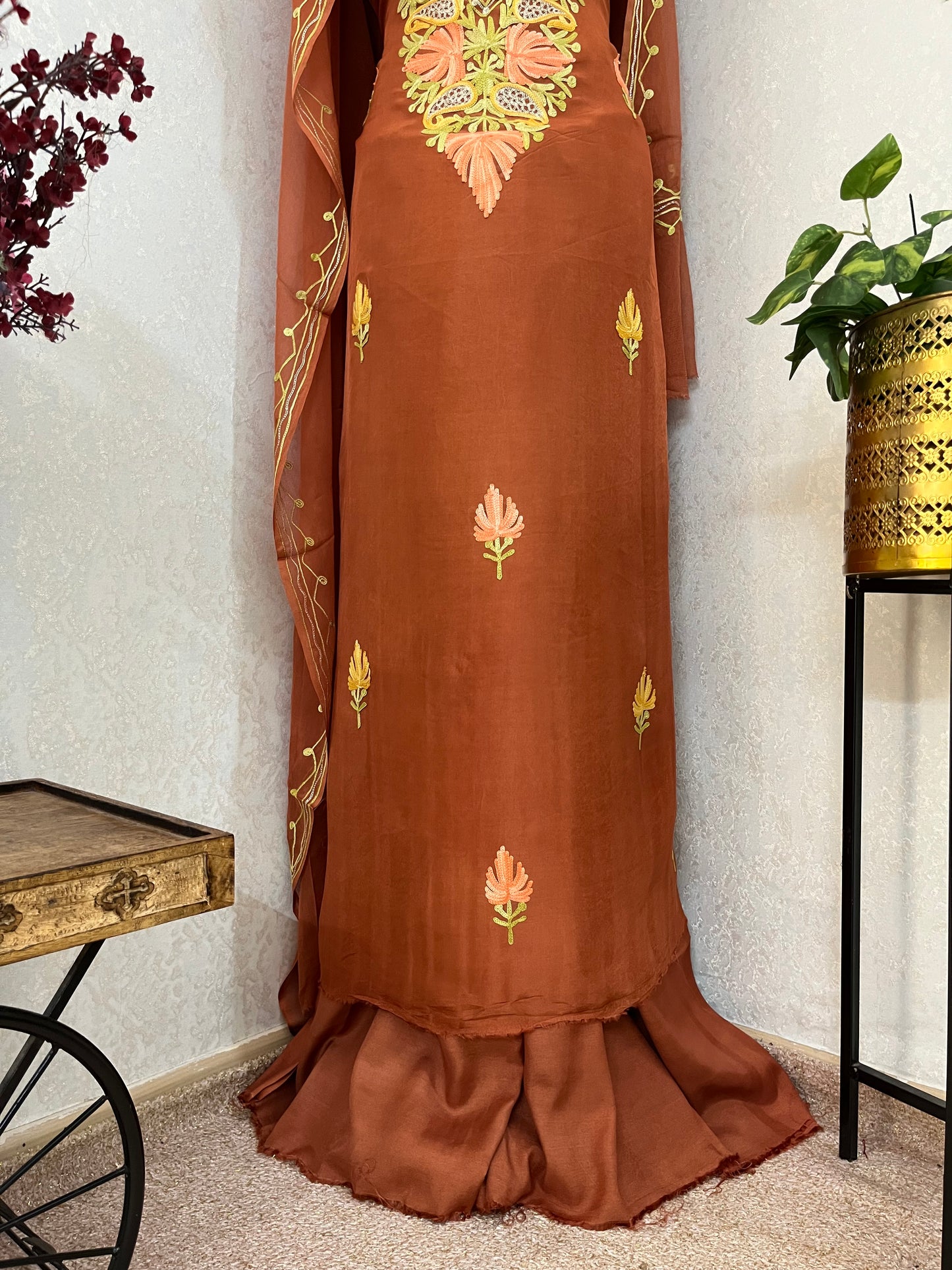 Dull Orange Opada Silk Kashmiri Suits