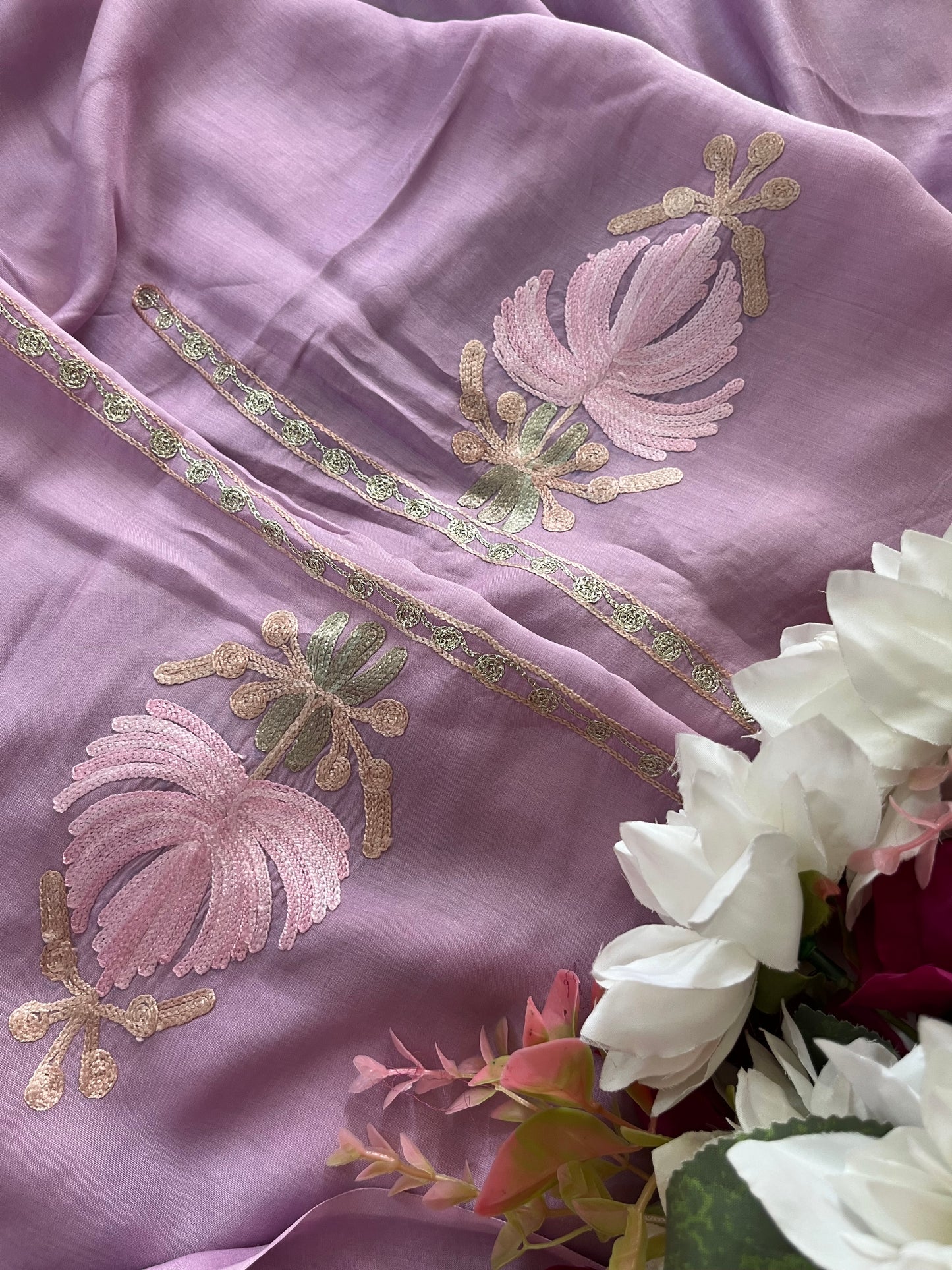 Lavender Mul Cotton Shibori Work Kashmiri 3pc Suit