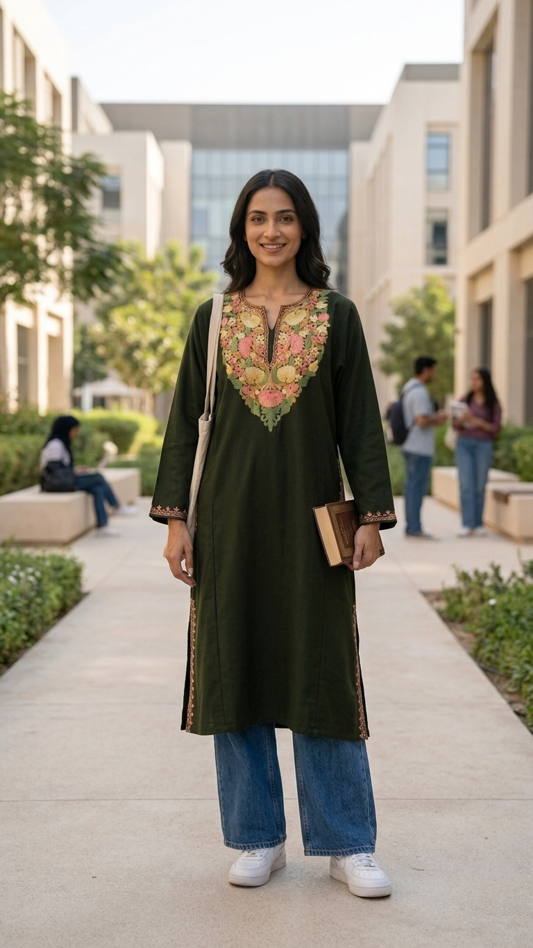 Army Green Aari Embroidered Wool Pheran