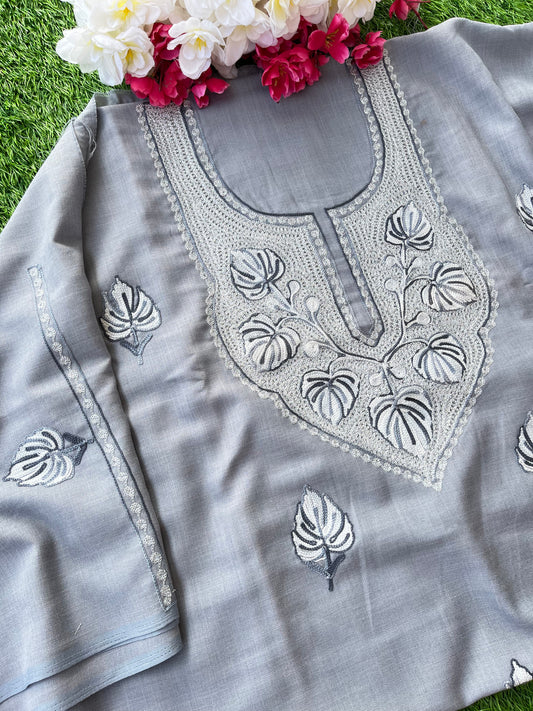 Grey Cotton Unstitched Aari Work Kurti