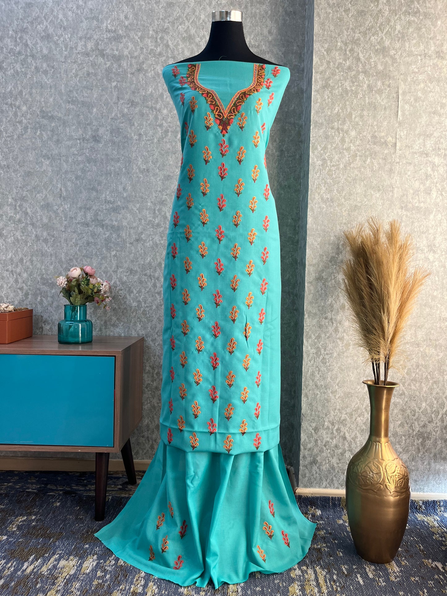 Cotton Pastel Green Two Piece Set (Hand Embroidered)