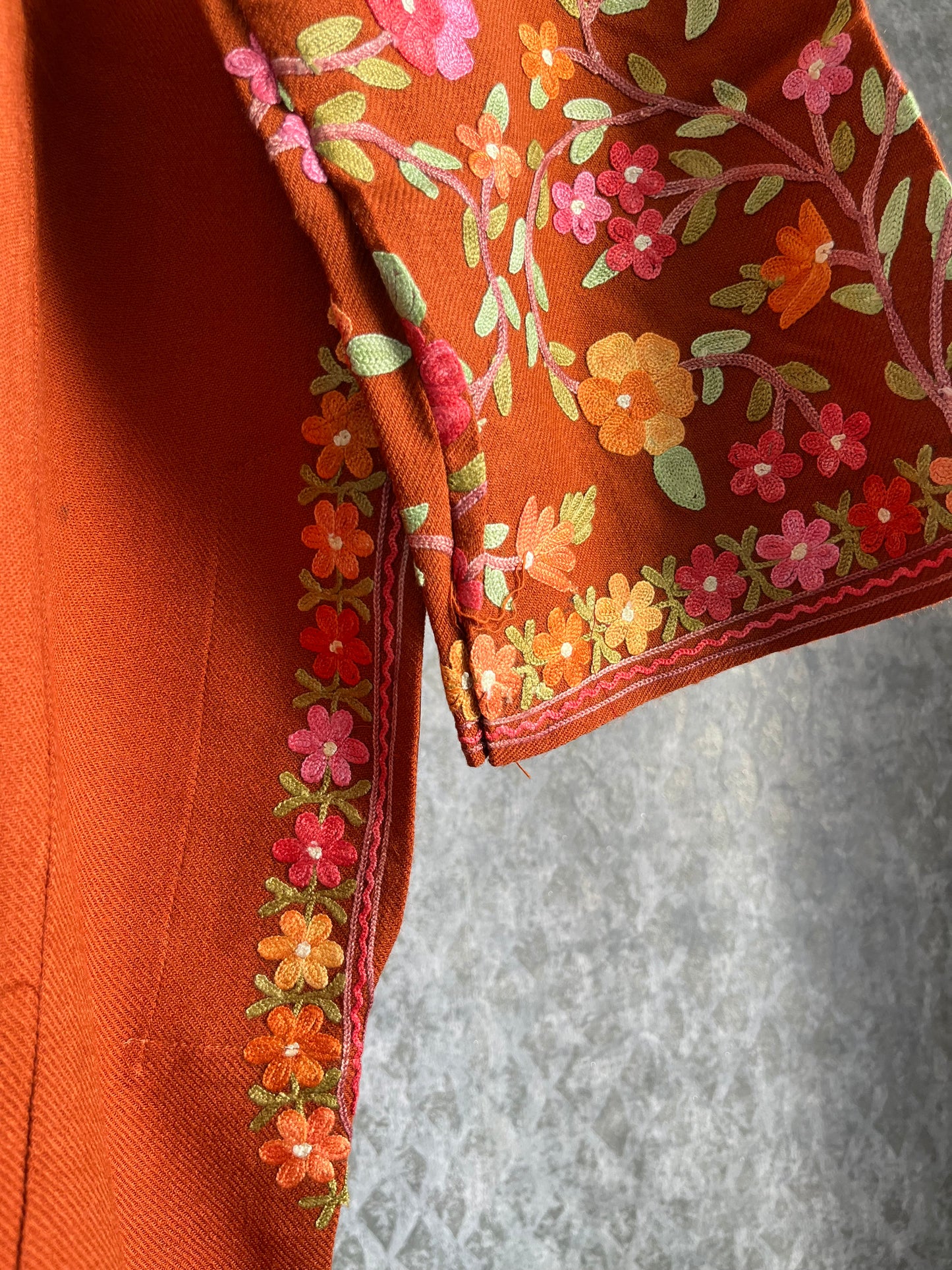 Orange Aari Embroidered Wool Pheran