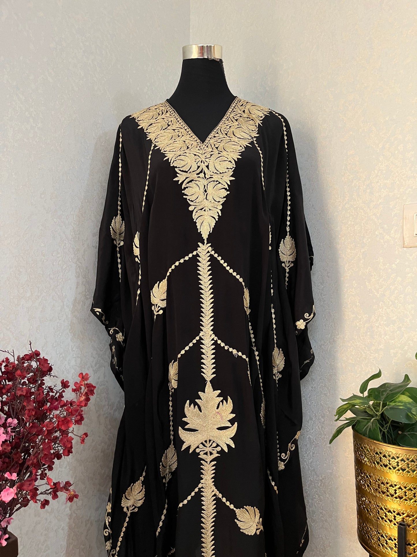 Black Pure Crape Kashmiri Kaftan