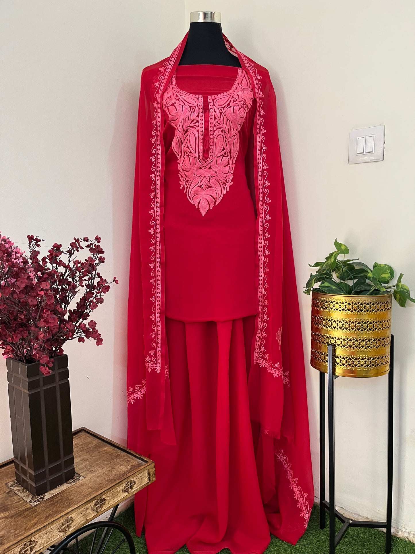 Red Georgette  3 Pc Aari Embroidered Suit Set