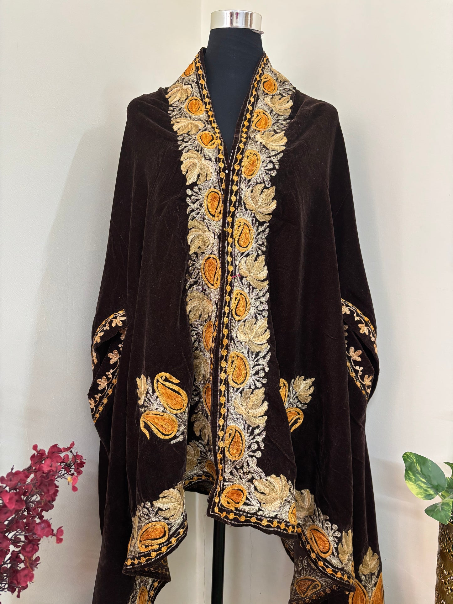 Brown Aari Embroidered Velvet Cape