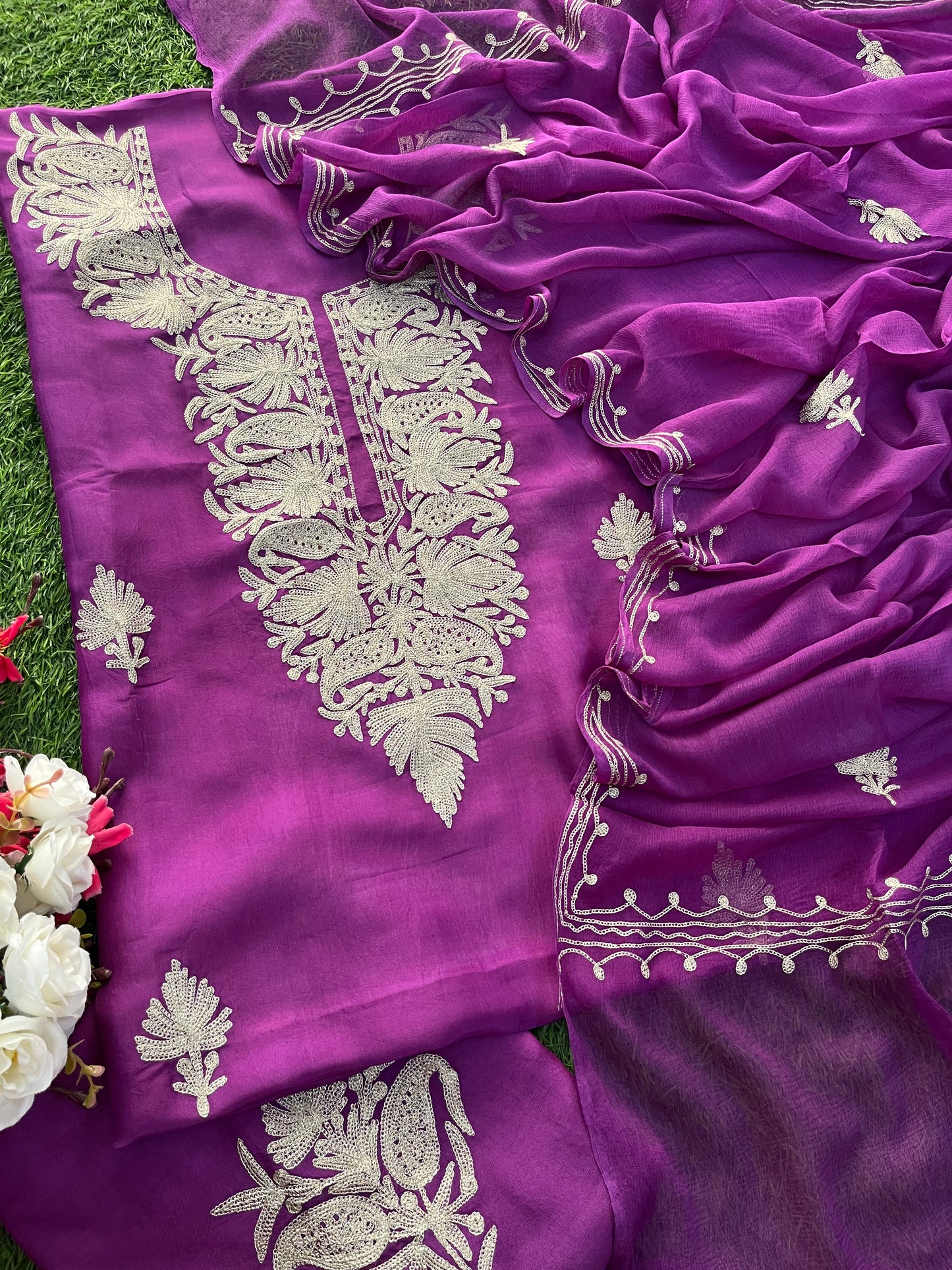 Purple Silk Tilla Kashmiri Suit