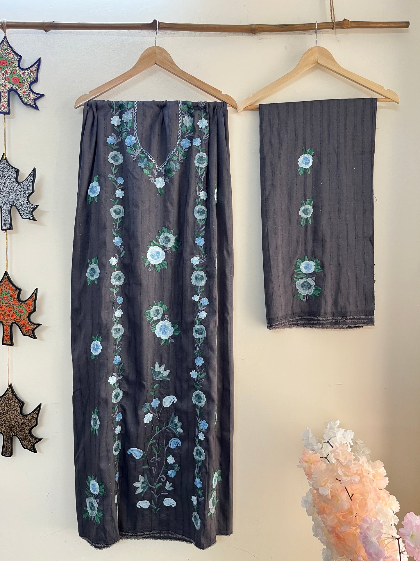 Deep Grey Muslin Cotton Striped Sequin Pattern Unstitched Co-ord Set