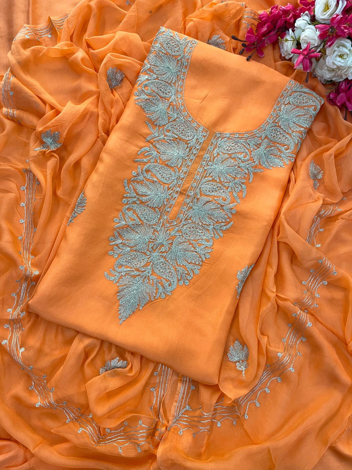 Orange Silk Tilla Kashmiri Suit