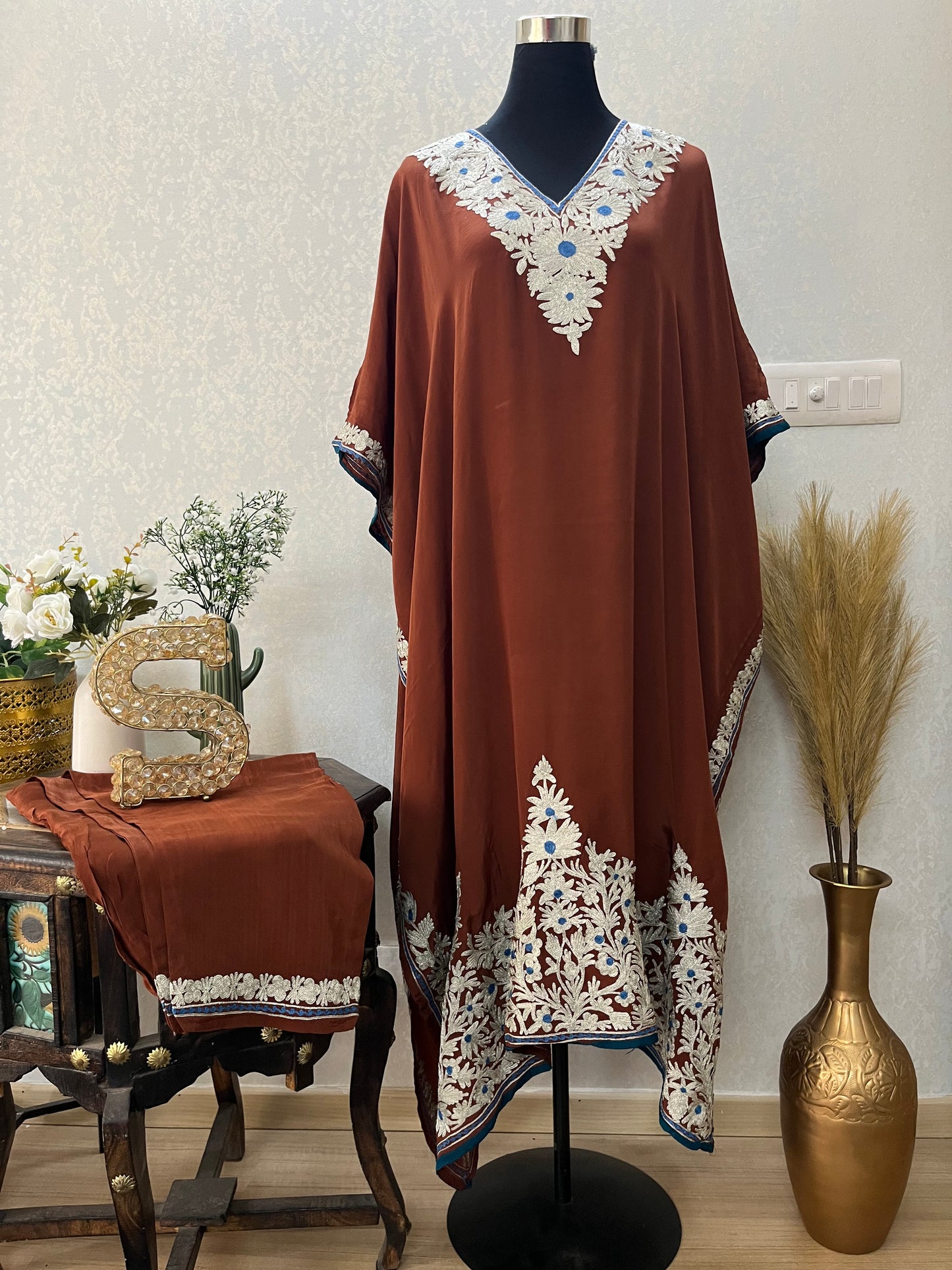 Brown Crape Kashmiri Kaftan Set