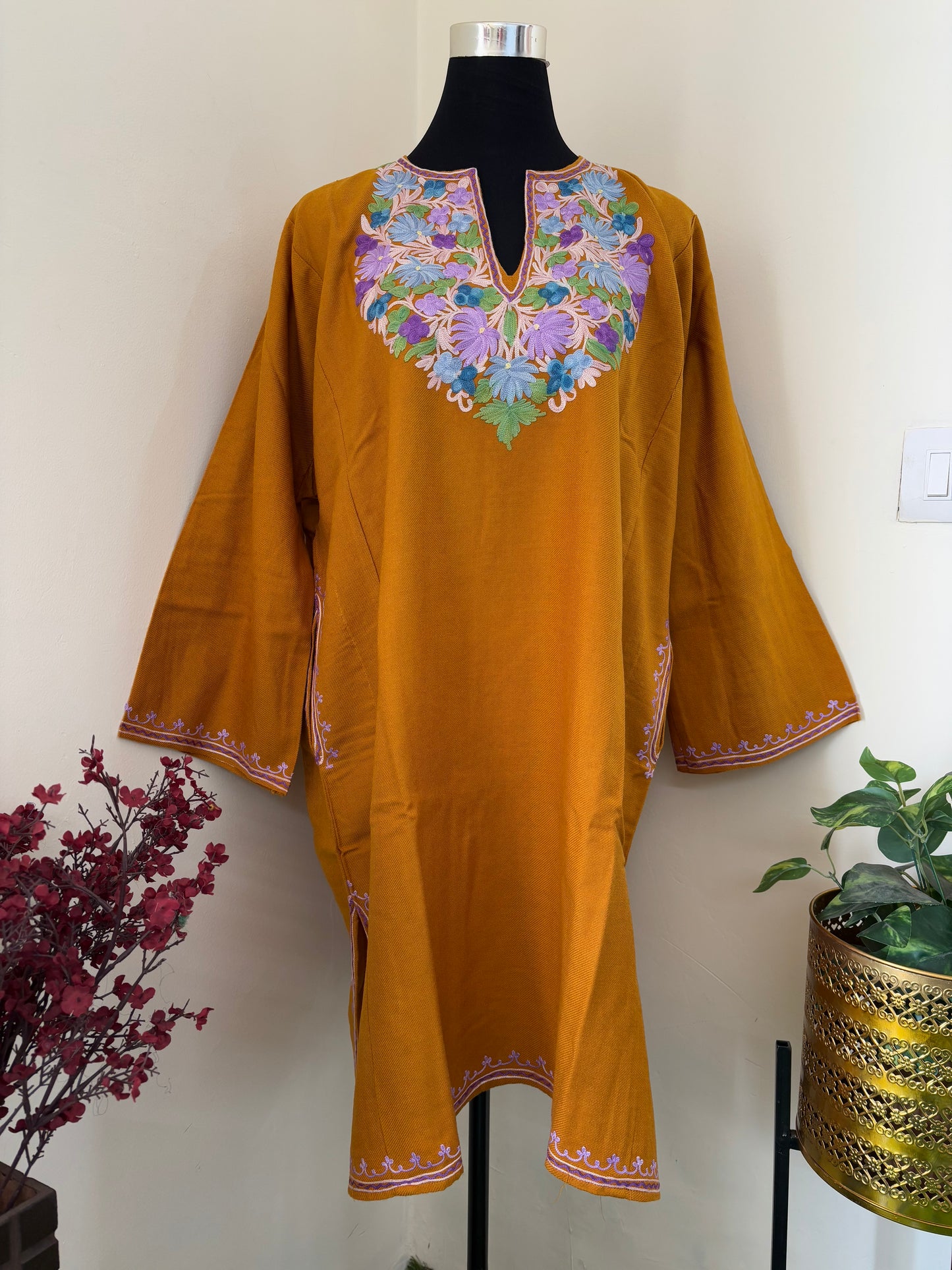 Mustard Yellow Aari Embroidered Wool Pheran