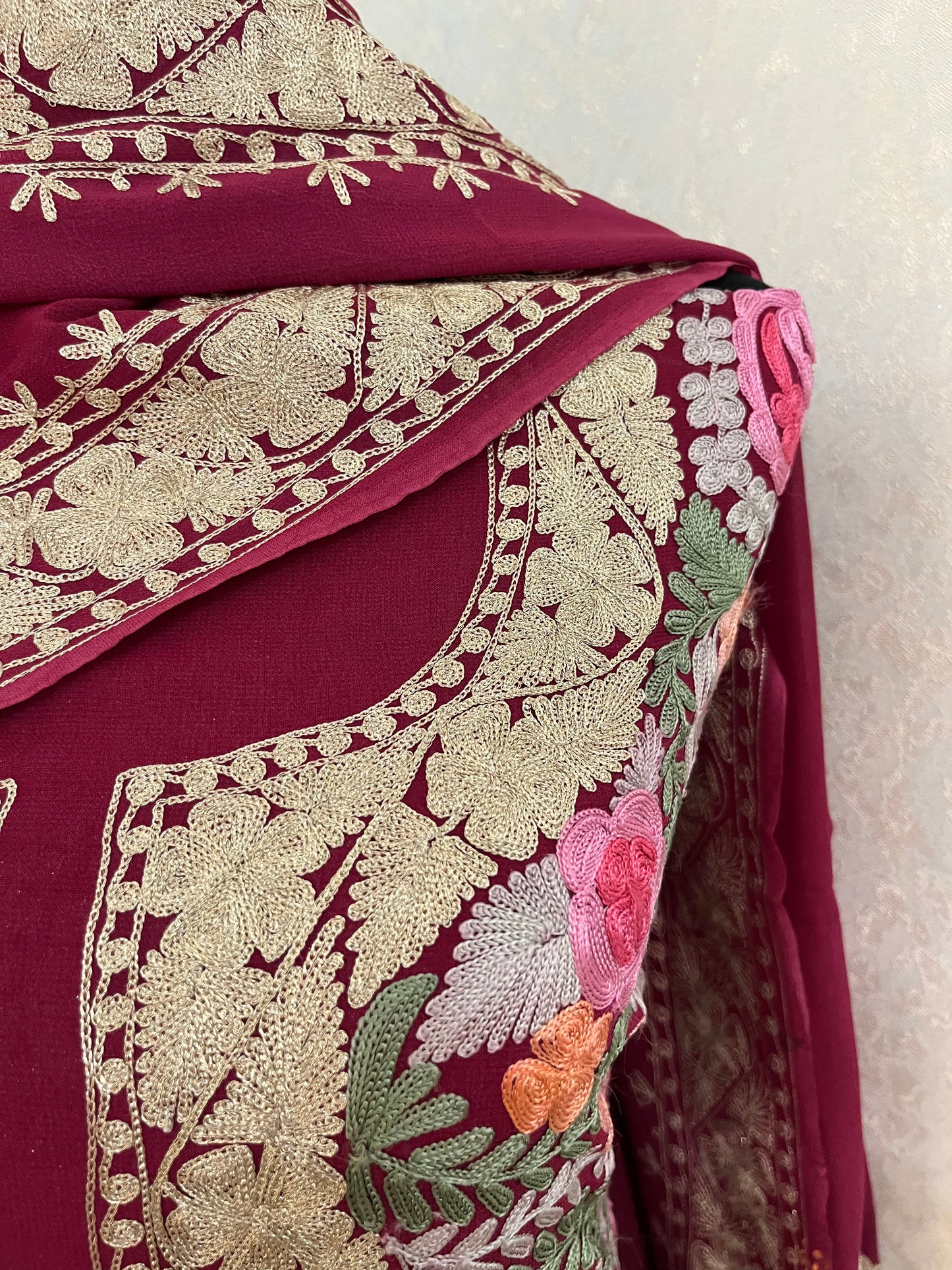 Wine Georgette 3 Pc Aari Embroidered Suit