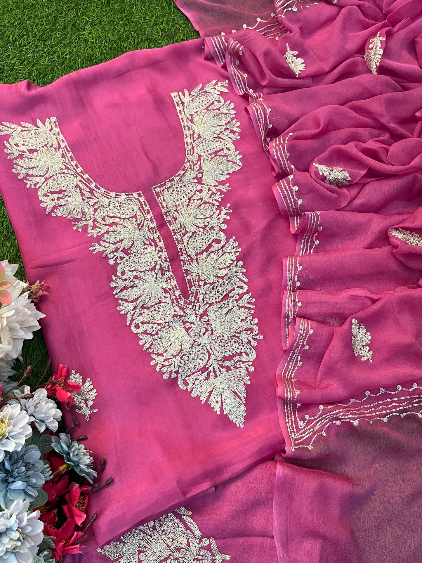 Rose Pink Silk Tilla Kashmiri Suit