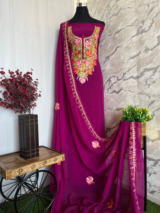 Wine Georgette Shirt and Dupatta Aari Embroidered Suit