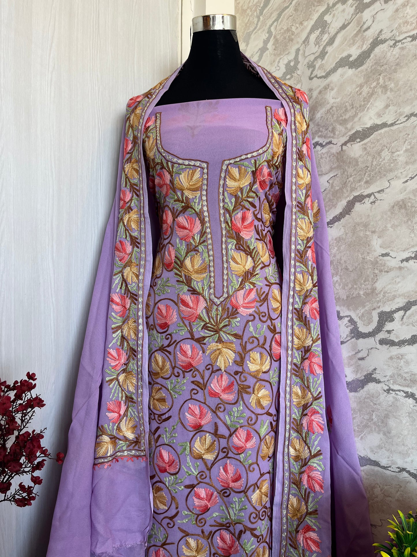 Light Purple Pure Georgette Aari Embroidered Suit