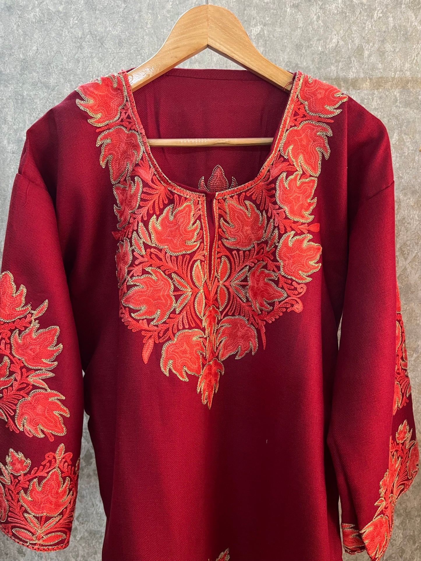 Maroon Woollen Kashmiri Co-Ord Set ( Size 46)