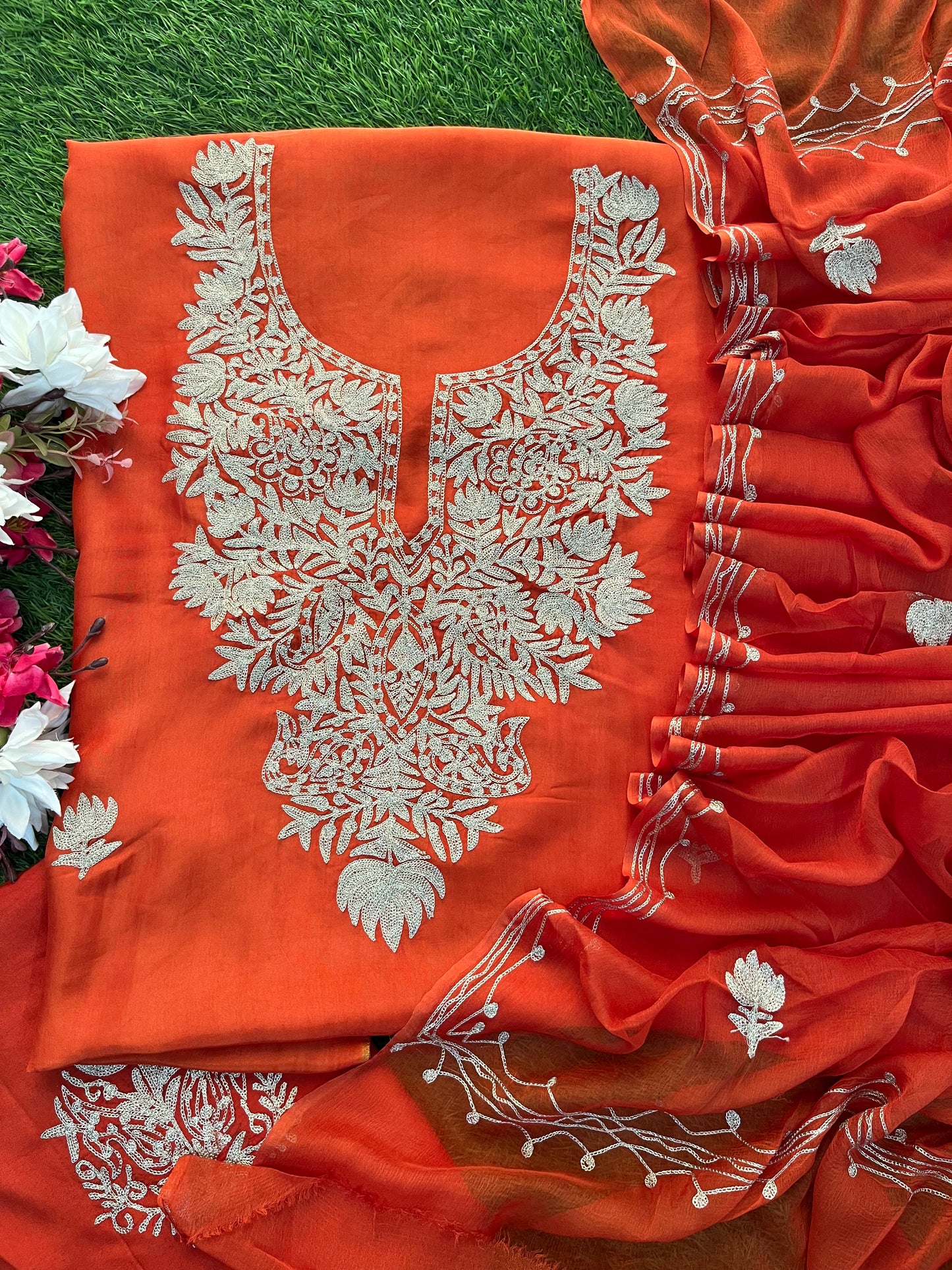 Rust Orange Silk Tilla Kashmiri Suit