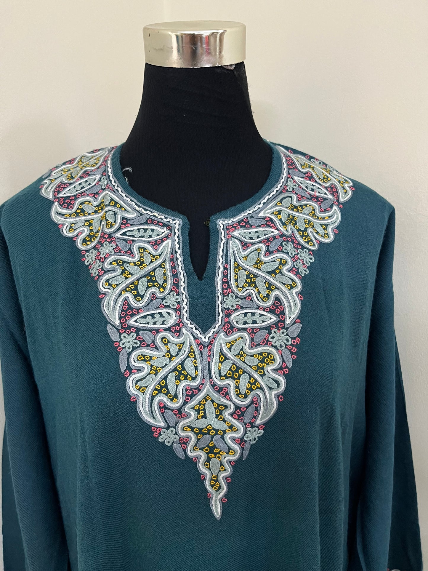 English Blue Aari and Sozni Hand Embroidered Pure Wool Pheran