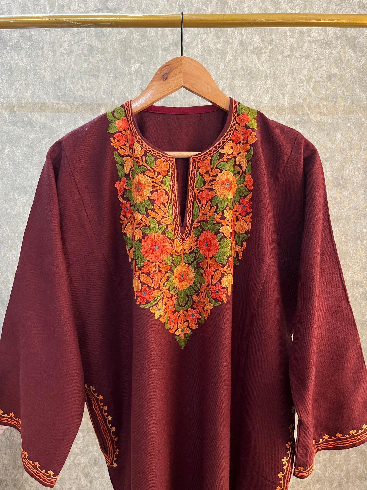 Reddish Brown Aari Embroidered Wool Pheran