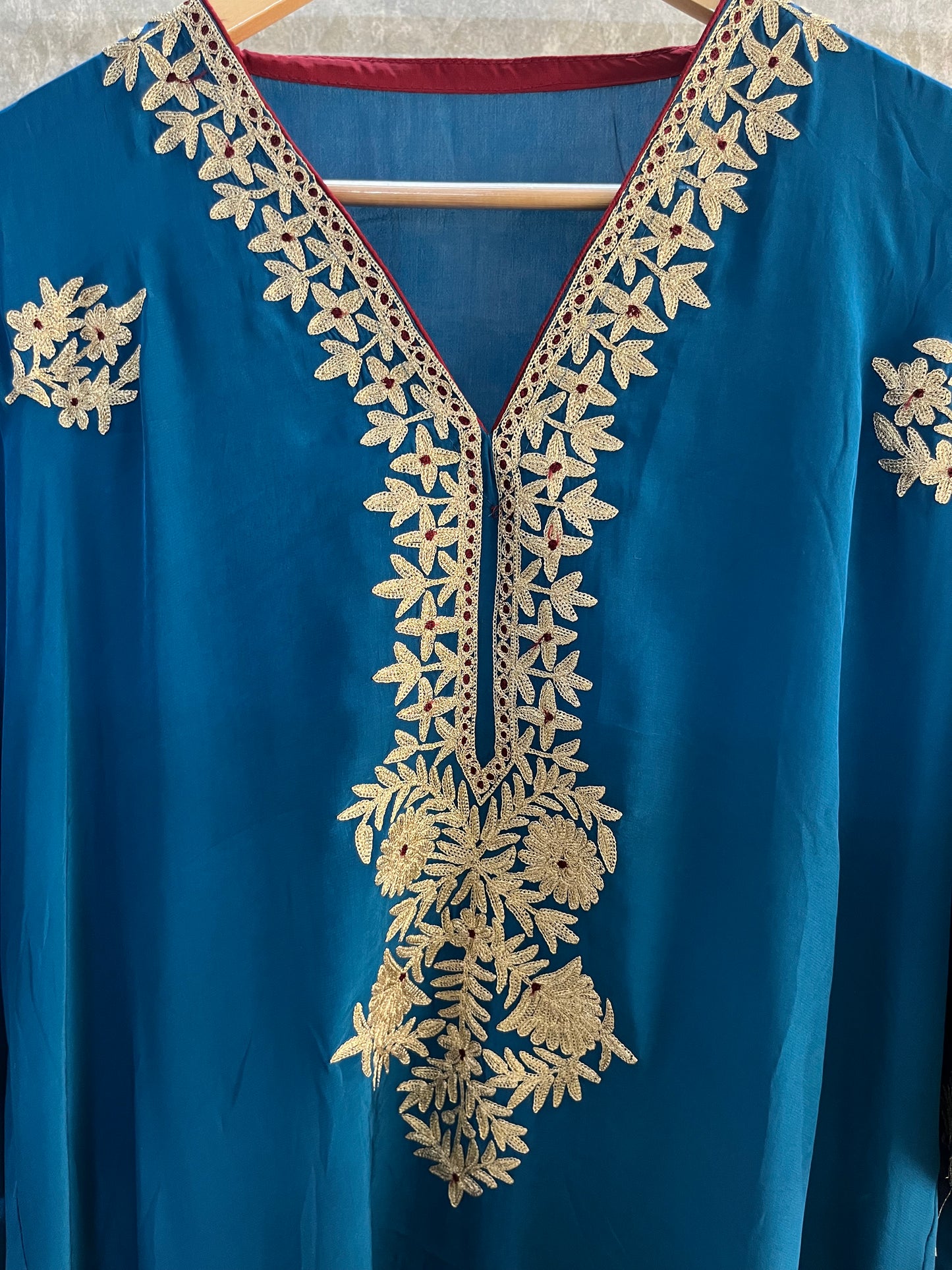 Peacock Blue Crape Kashmiri Kaftan Set size (44)