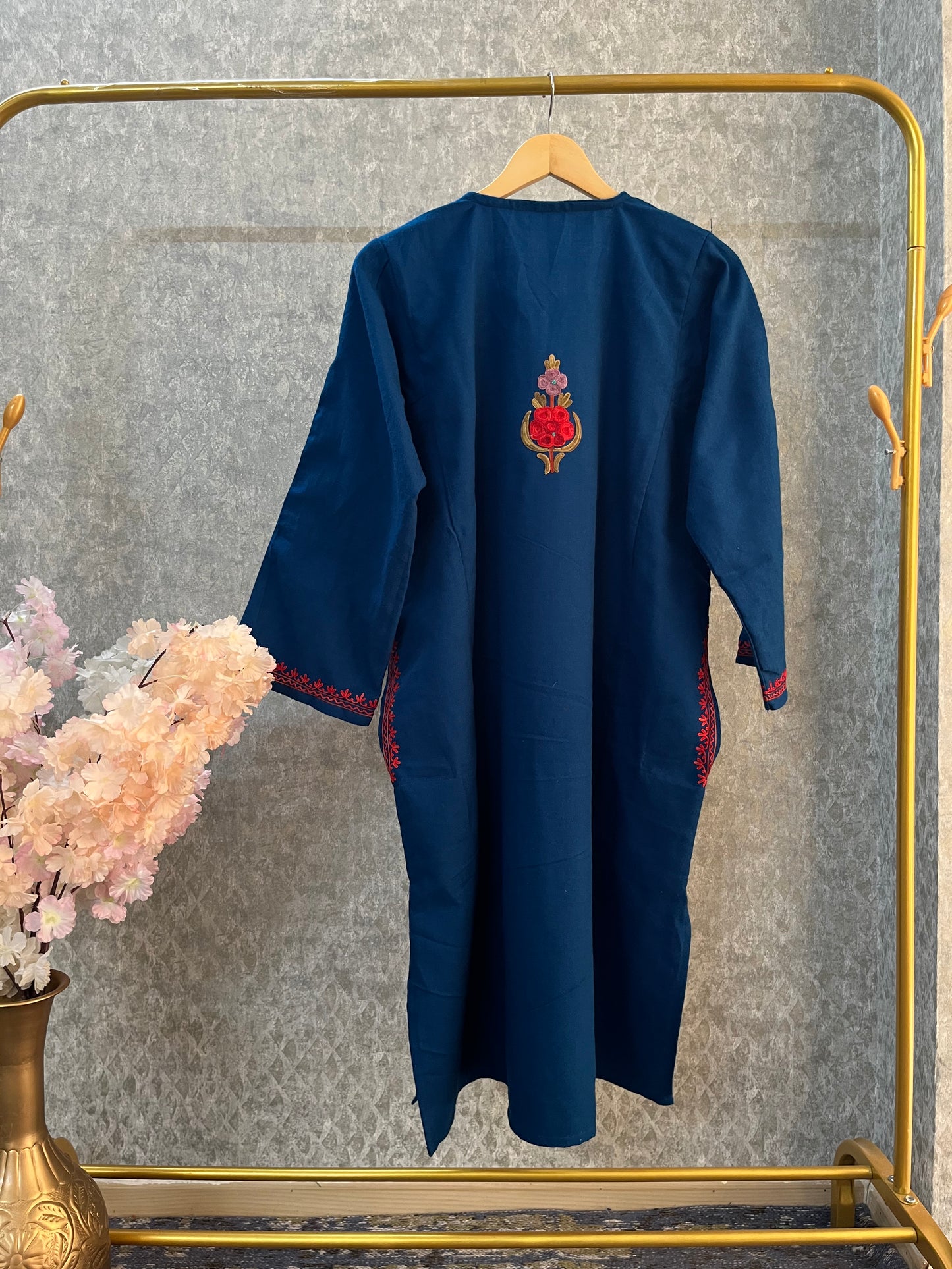 Peacock Blue Aari Embroidered Wool Pheran