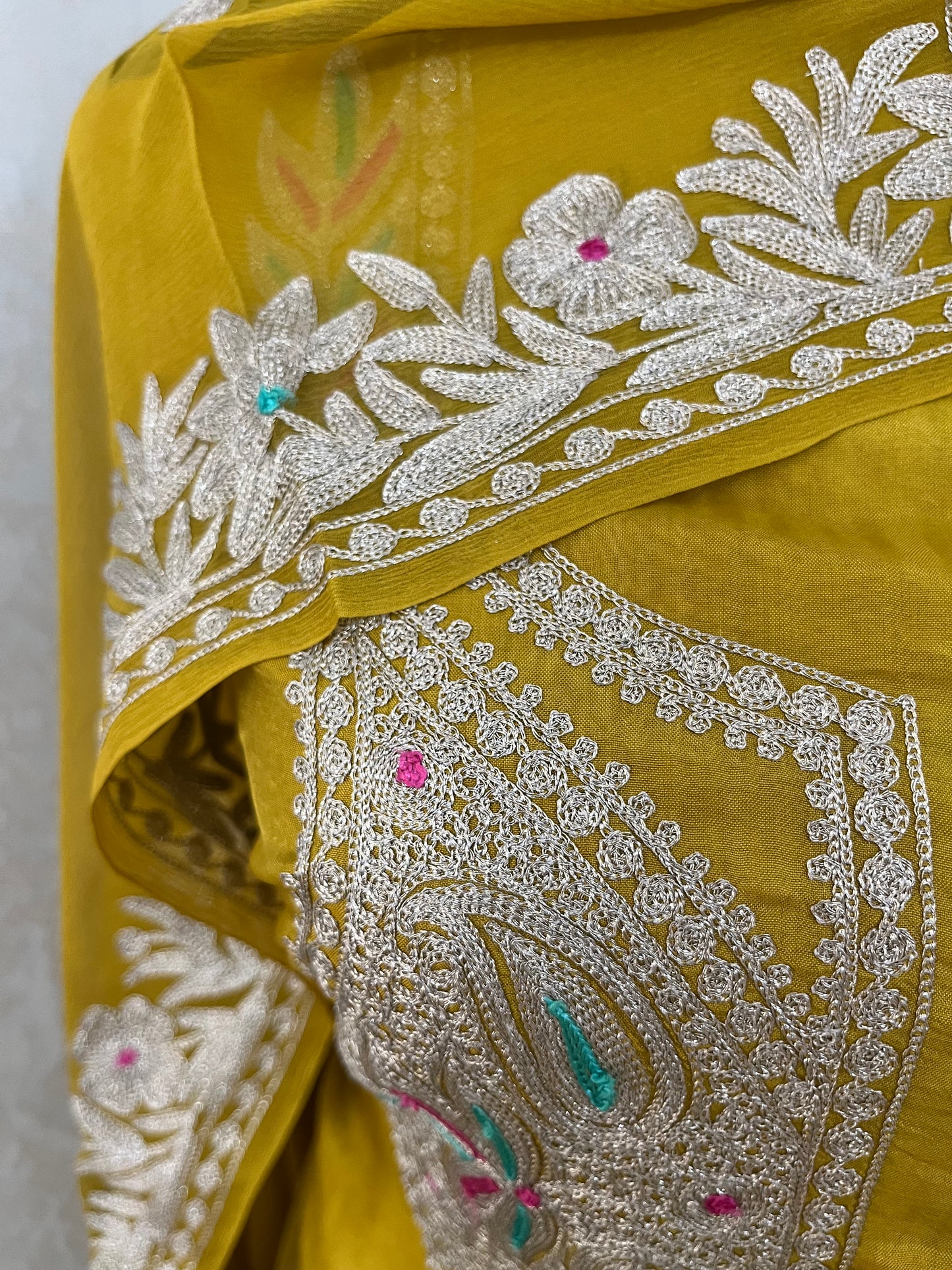 Golden Yellow Opada Silk Kashmiri Suits