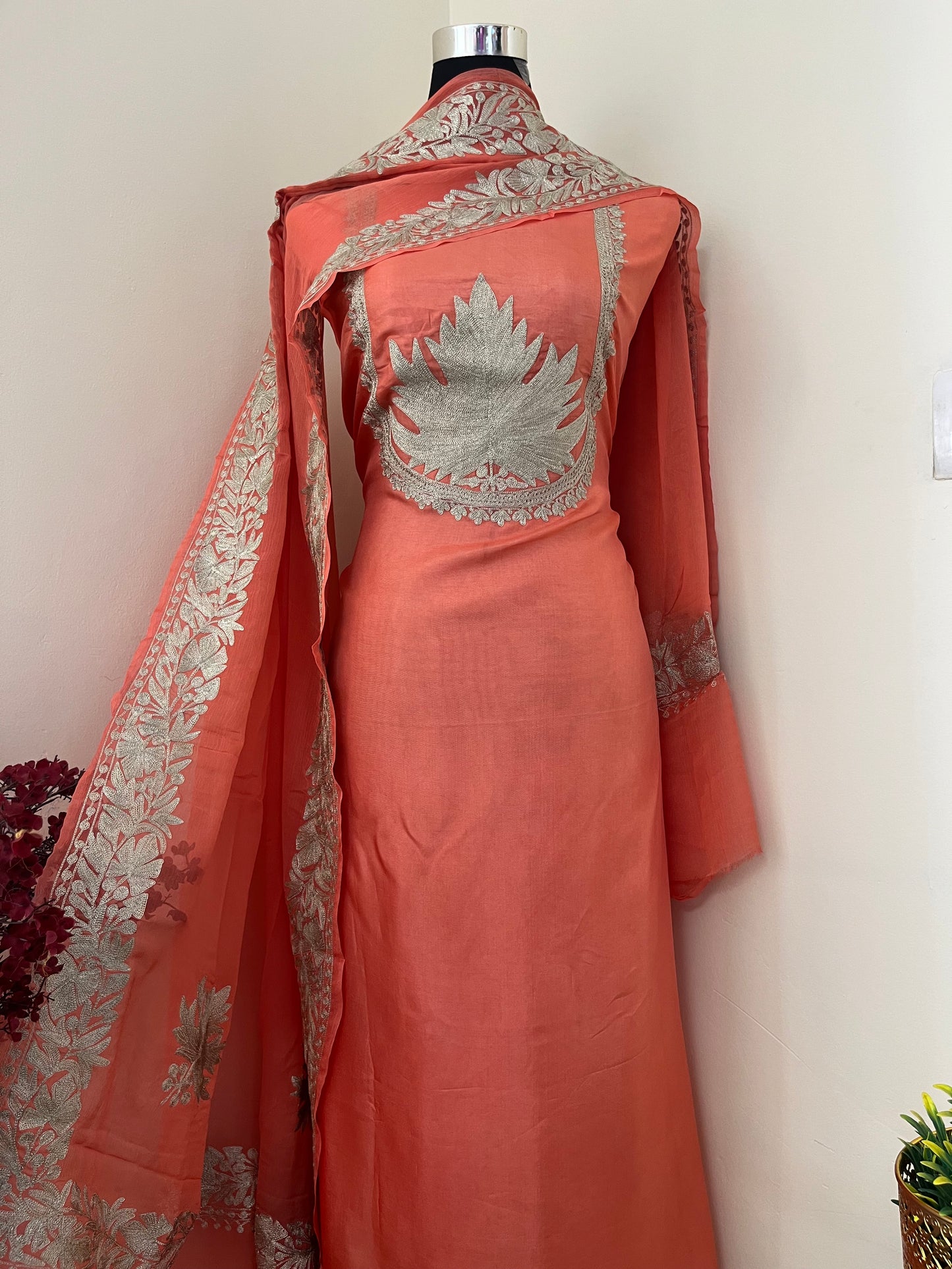 Sanam’ Peach Tilla Embroidered Suit material