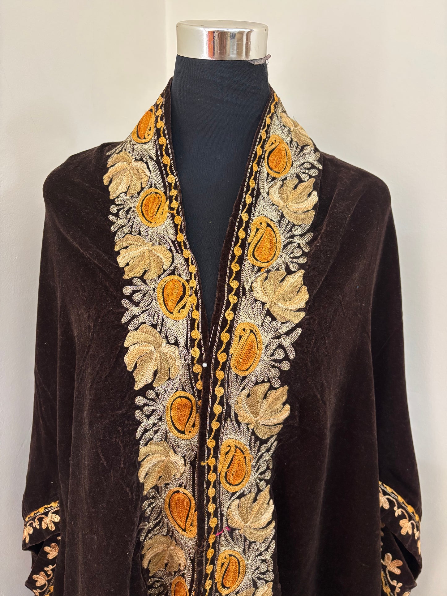 Brown Aari Embroidered Velvet Cape