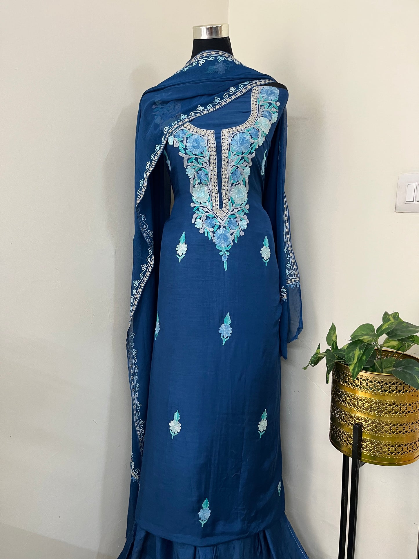Blue  Muslin Cotton Jaal Sleeves Kashmiri 3pc Suit