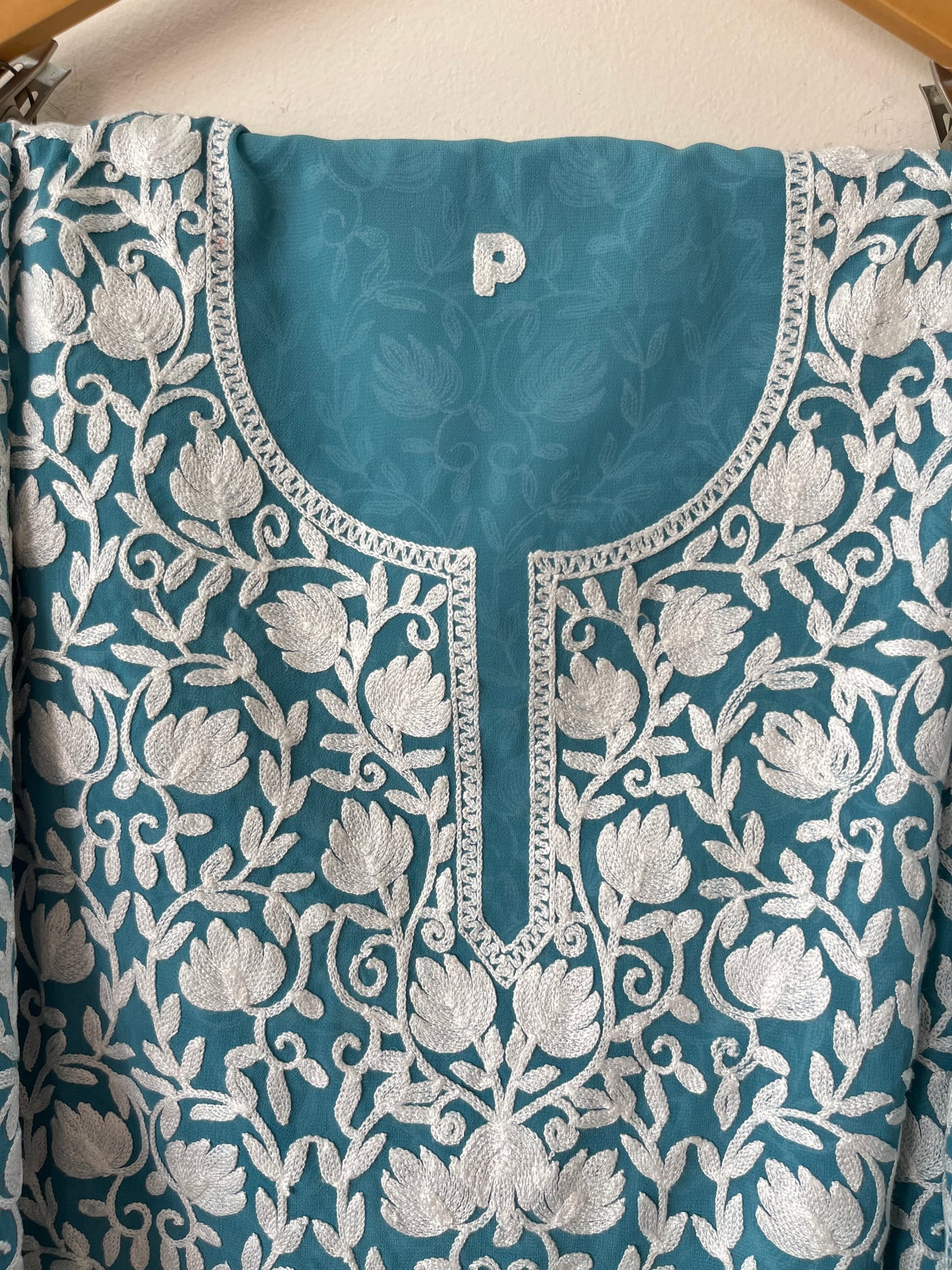 Sky Blue Georgette Jaal Work (Front & Back) Aari Embroidered Semi Stitched Kurta