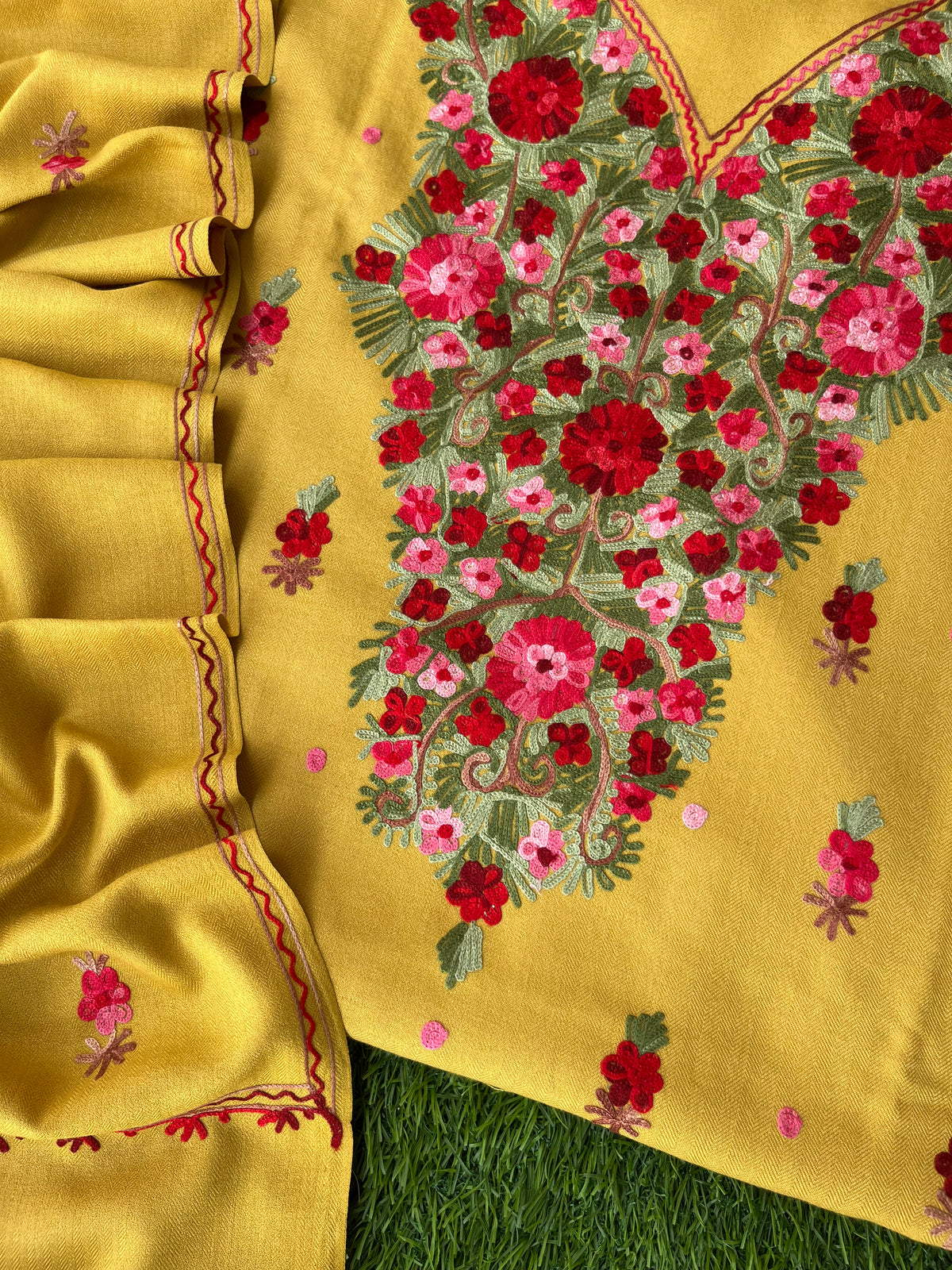 Yellow Woollen Aari Embroidered 3pc suit
