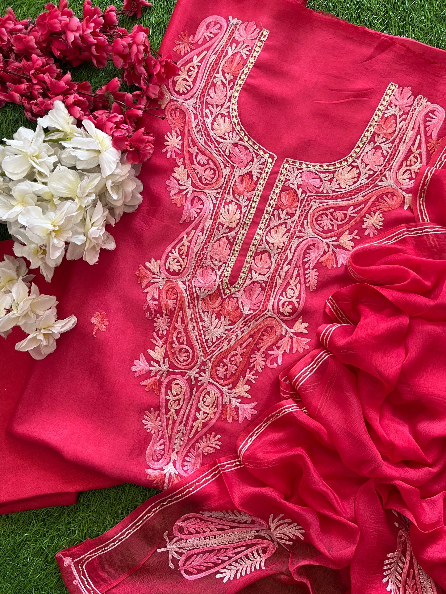 Carrot Pink Opada Silk Aari Embroidered Suit material