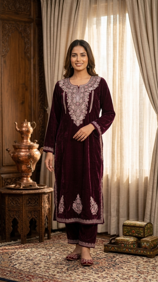 Wine Velvet Tilla Pheran (Size 50)