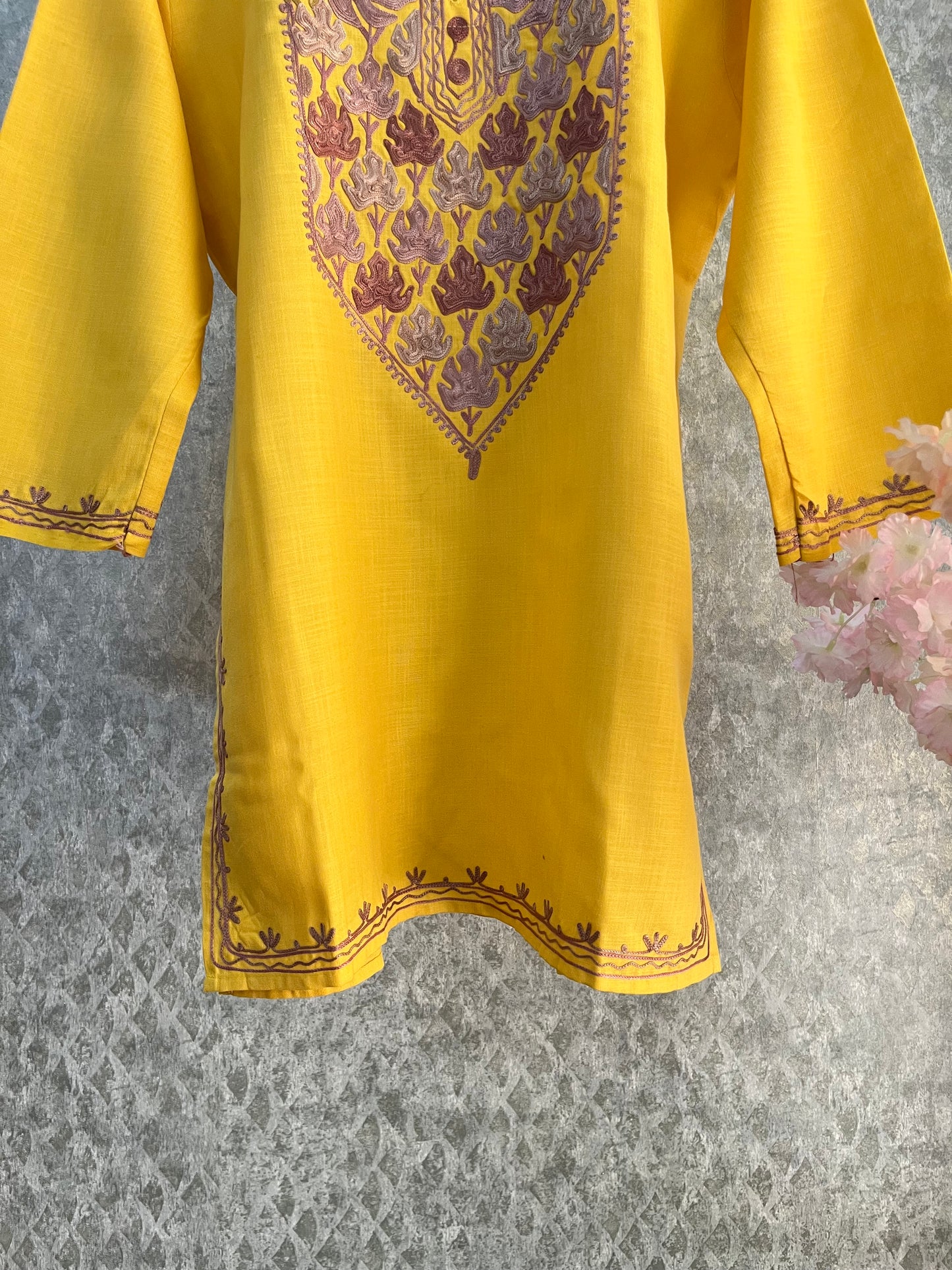 Yellow Cotton Aari Work Kurta