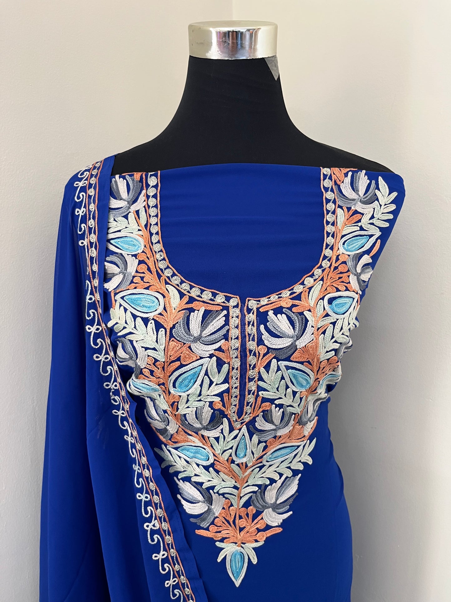 Electric Blue Georgette Shirt and Dupatta Aari Embroidered Suit