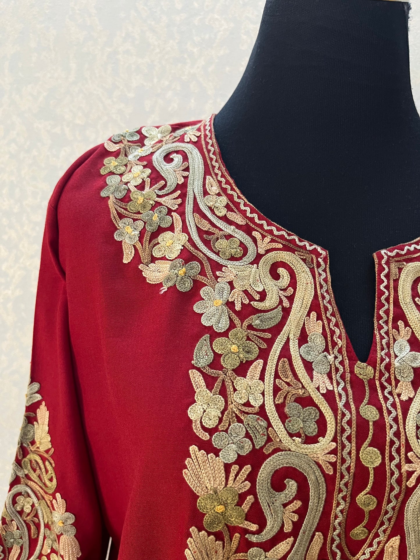 Maroon Cotton Aari Work Kurta