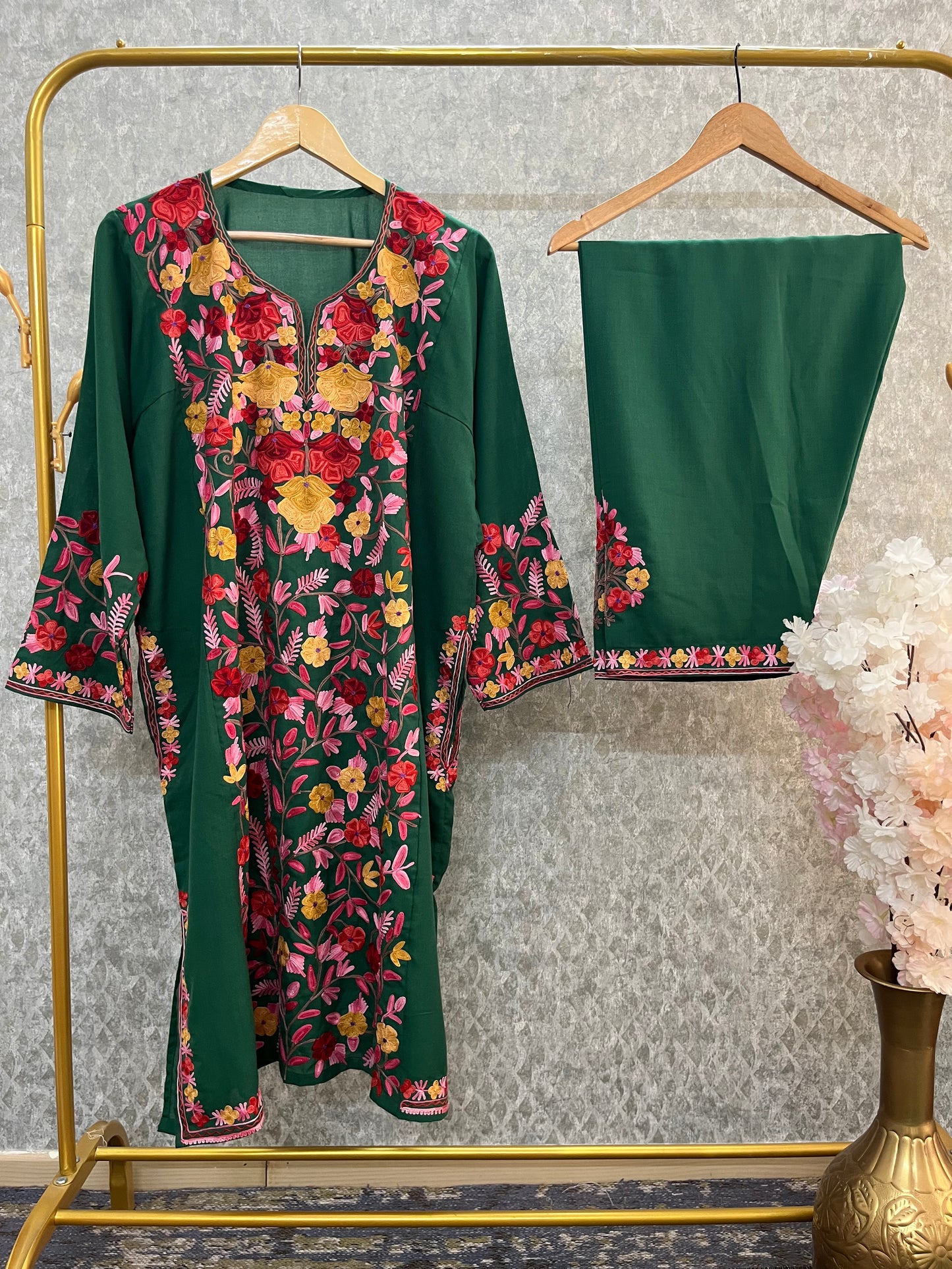 Bottle Green Cotton Front Jaal Pheran Set  Size(46)
