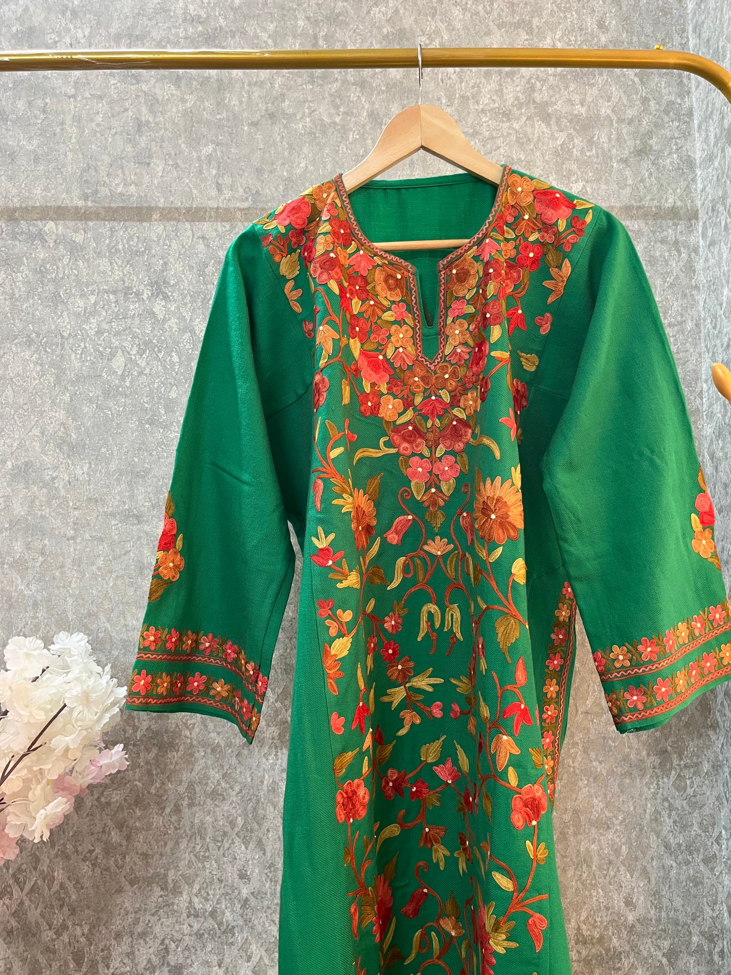 Green Aari Embroidered Wool Pheran