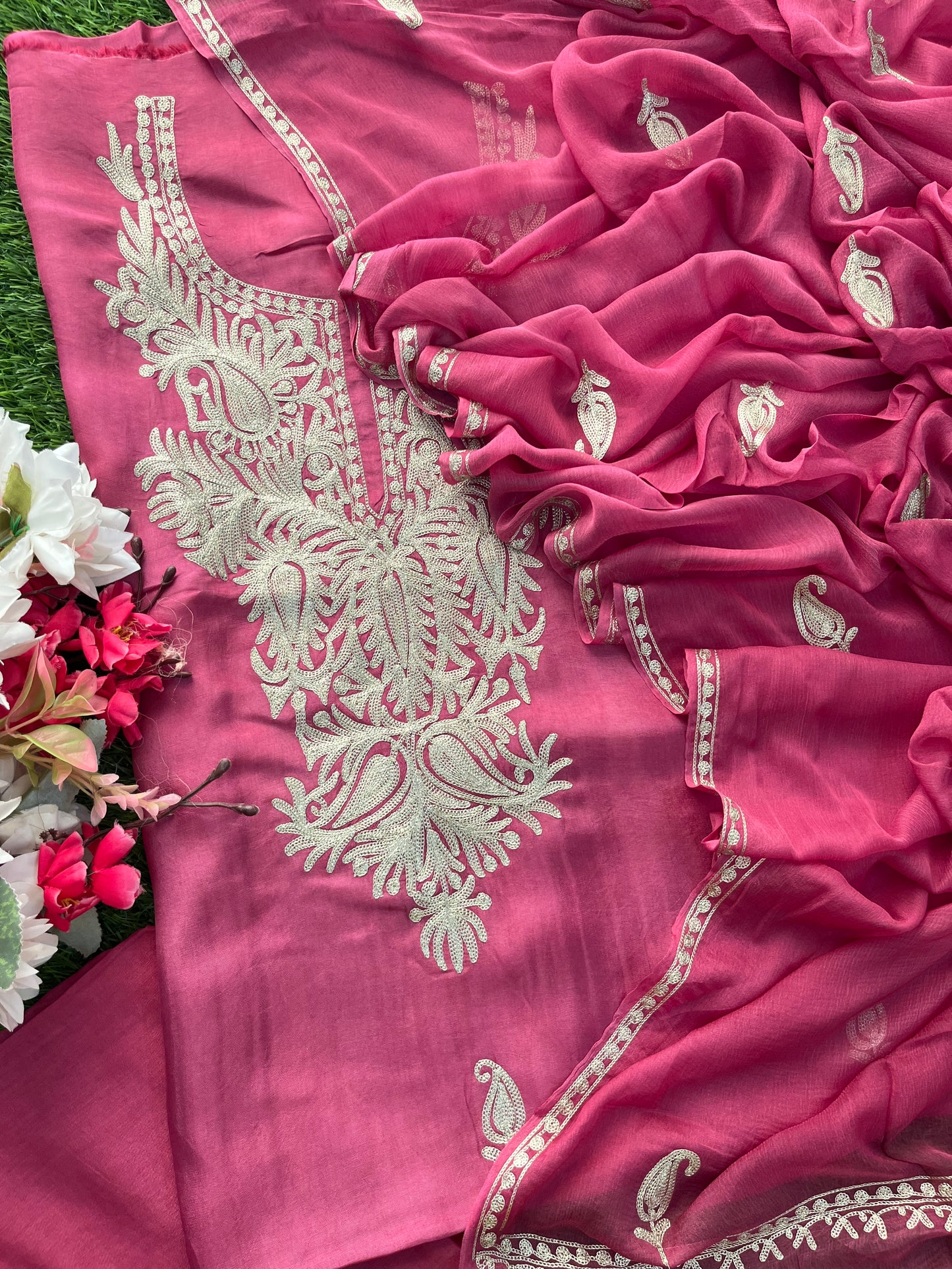 Onion Pink Silk Tilla Kashmiri Suit