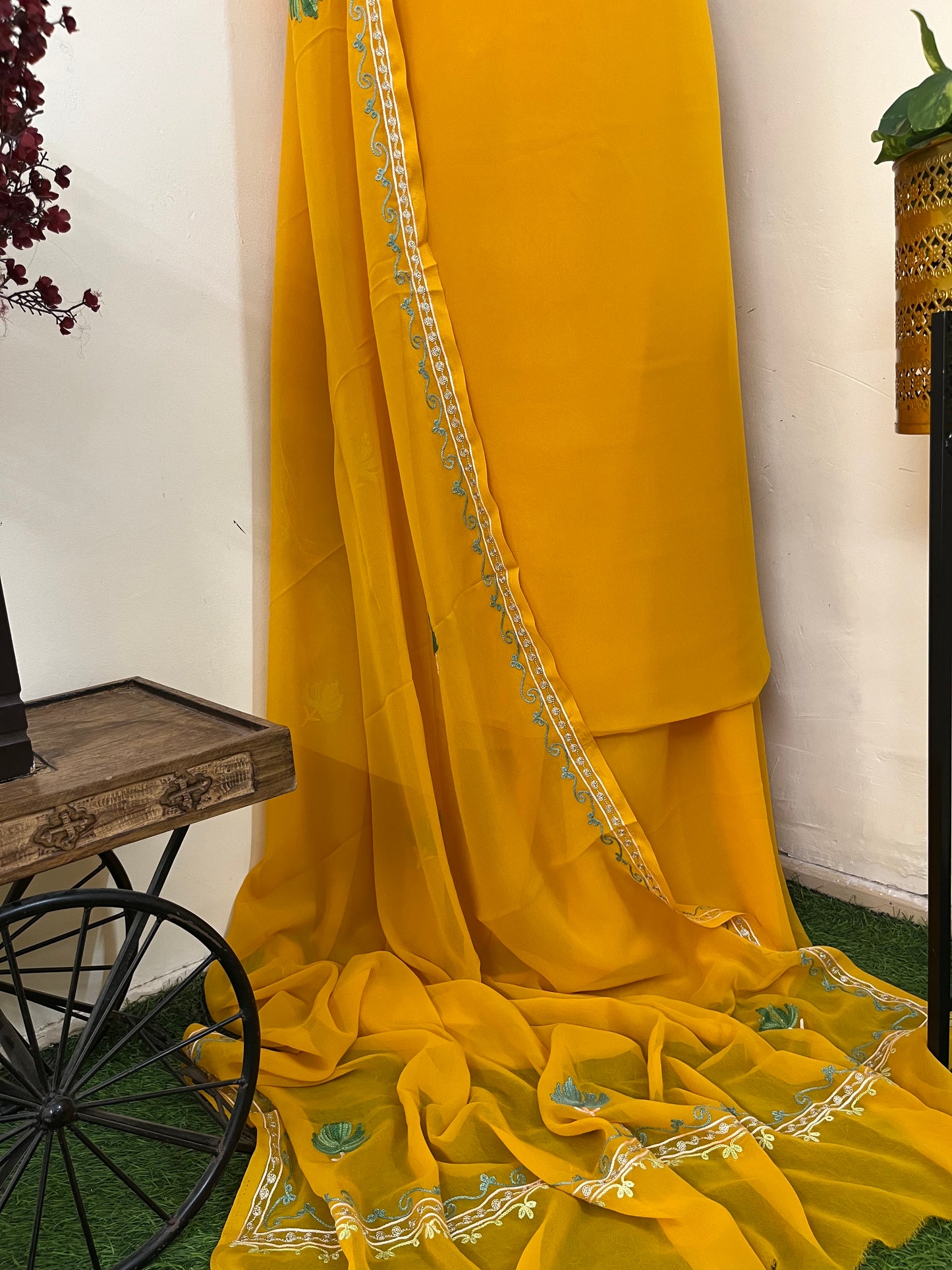 Mustard Georgette 3 Pc Aari Embroidered Suit Set