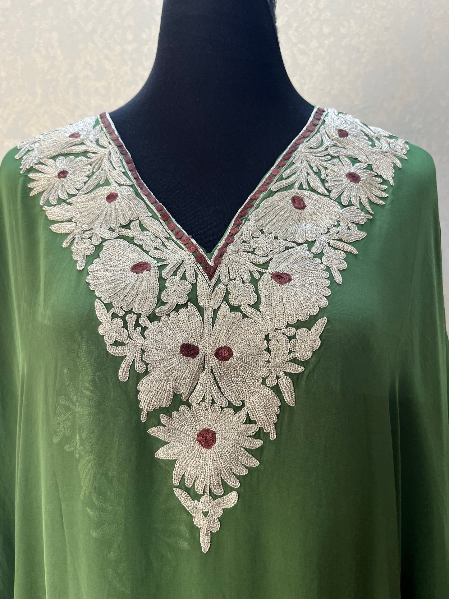 Green Crape Kashmiri Kaftan Set