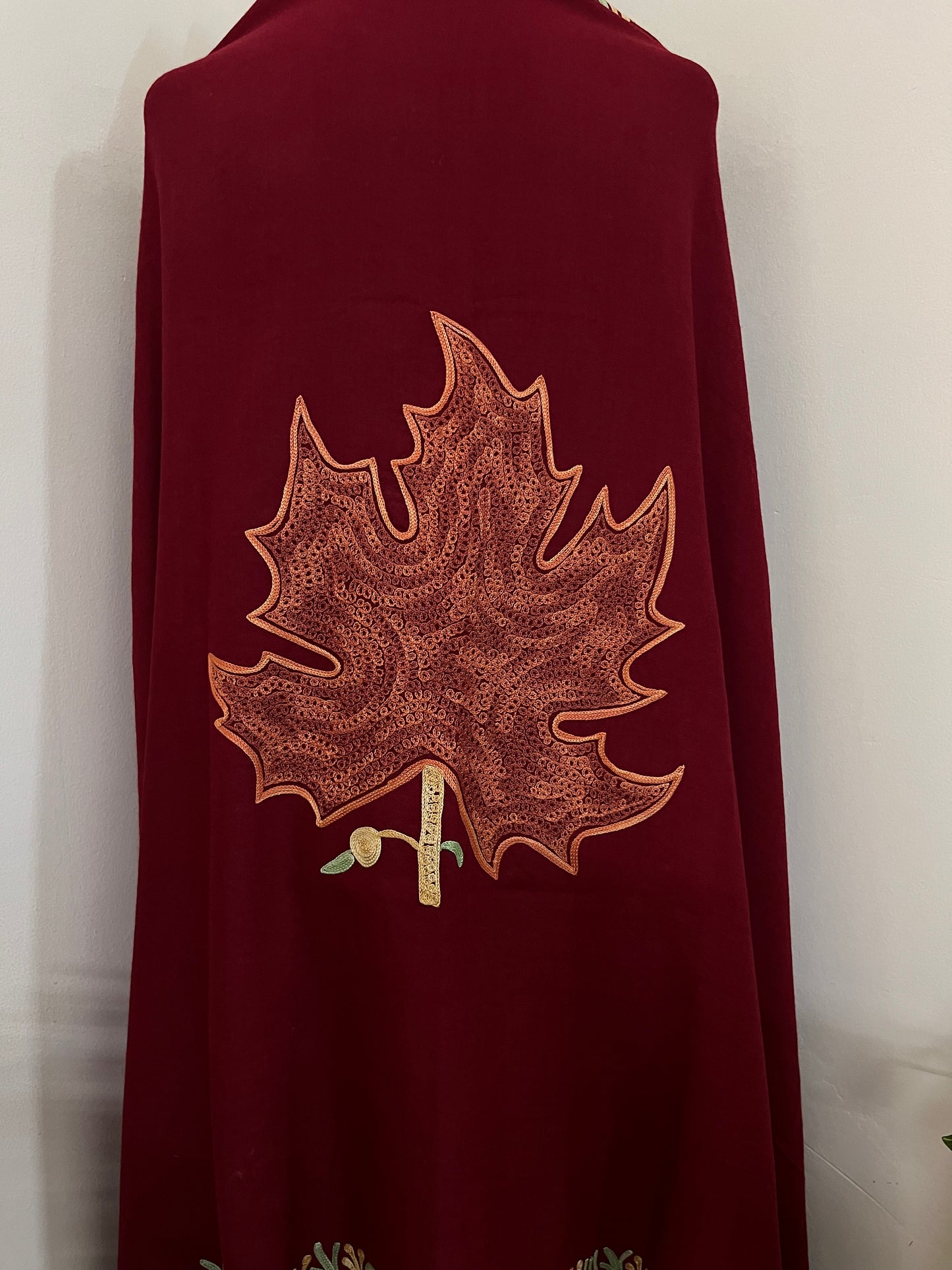 Maroon Aari Embroidered Pure Wool Cape